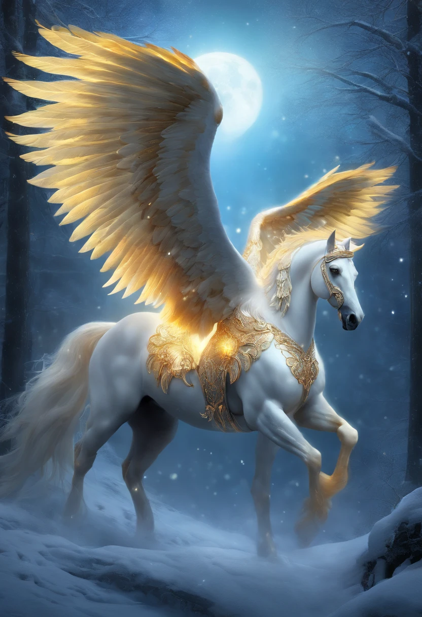 Snow-white winged pegasus, glowing light eyes, Biomechanical, eerie, Creepy, nightmarish, Very bright colors, Light particles, with light glowing, Mshiv, wallpaper art, UHD wallpaper