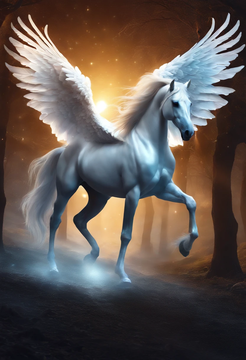 Snow-white winged pegasus, glowing light eyes, Biomechanical, eerie, Creepy, nightmarish, Very bright colors, Light particles, with light glowing, Mshiv, wallpaper art, UHD wallpaper