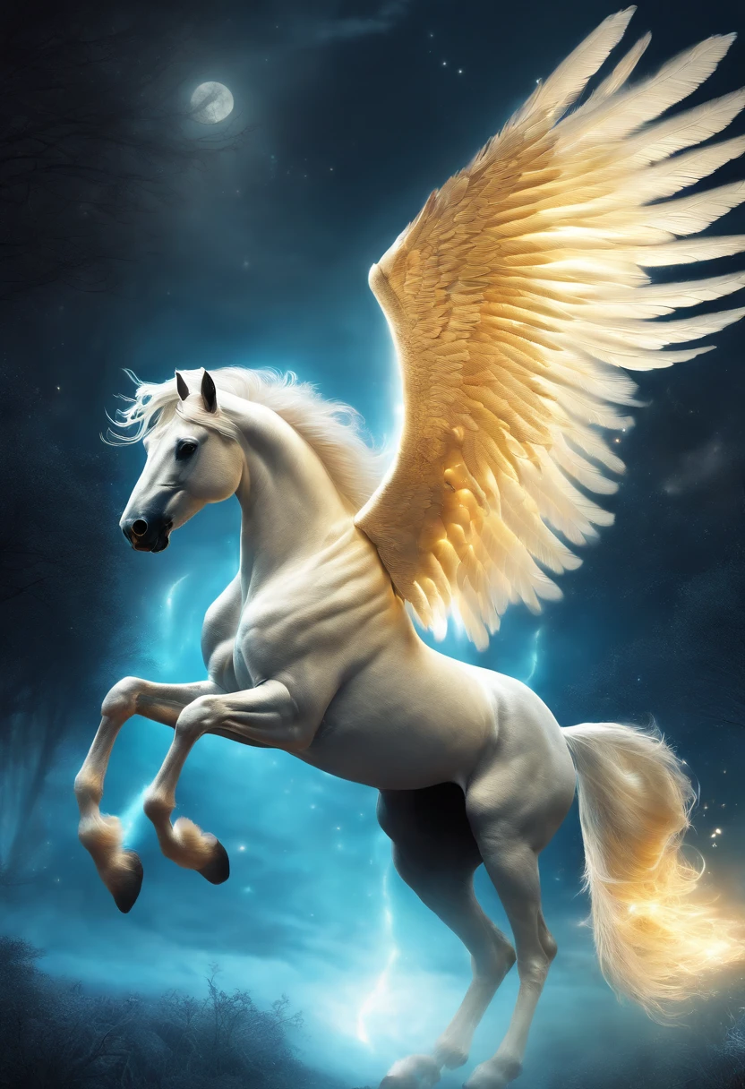Snow-white winged pegasus, glowing light eyes, Biomechanical, eerie, Creepy, nightmarish, Very bright colors, Light particles, with light glowing, Mshiv, wallpaper art, UHD wallpaper