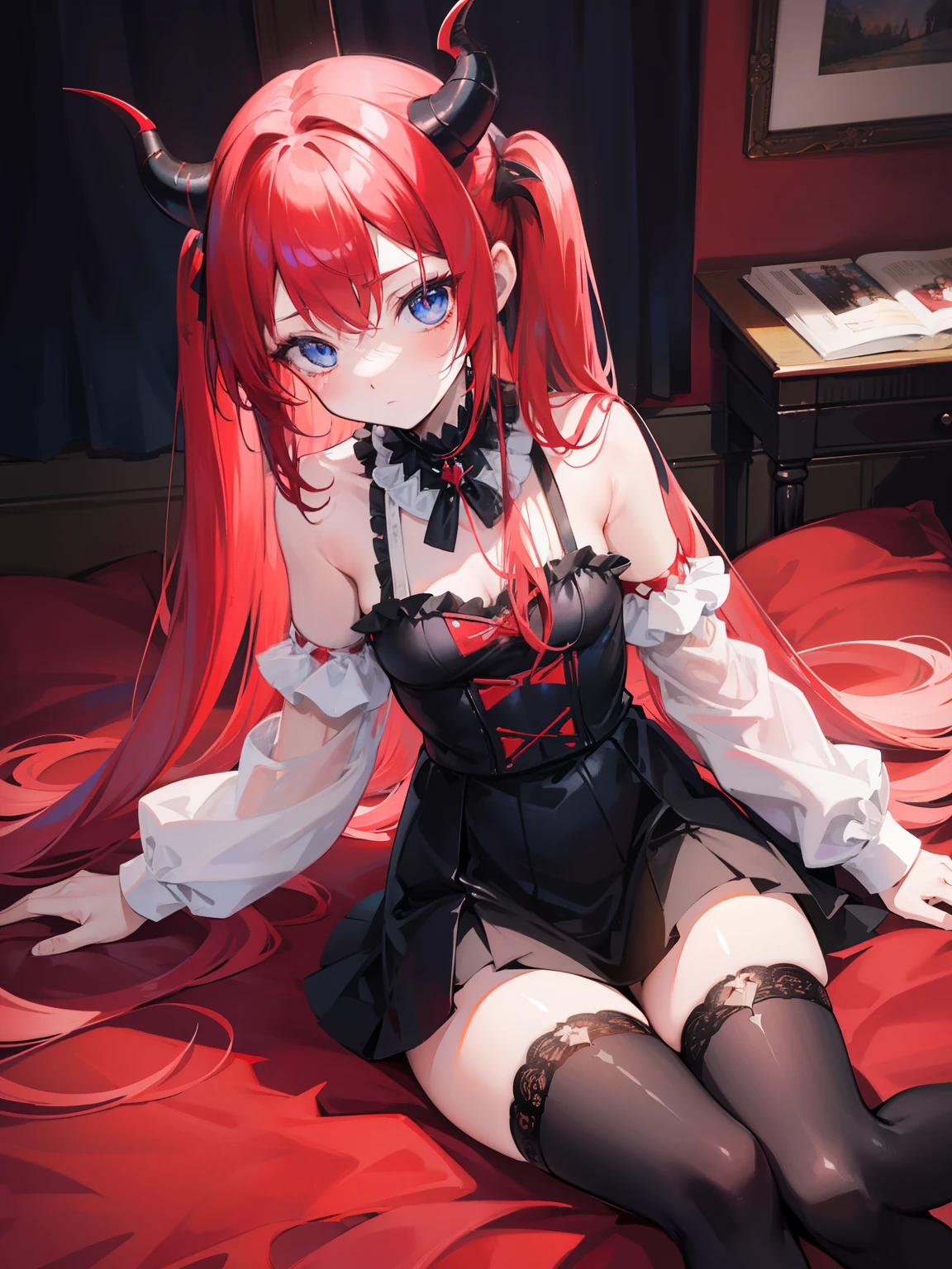 Red hair,Blue eyes,Twintails, Long hair, Solo, Loli, Black stockings,{{Best quality}}, {{Masterpiece}}, {{Ultra-detailed}}, {illustration}, {Detailed light}, {An extremely delicate and beautiful},,Cute,Succubus, demon,Horns