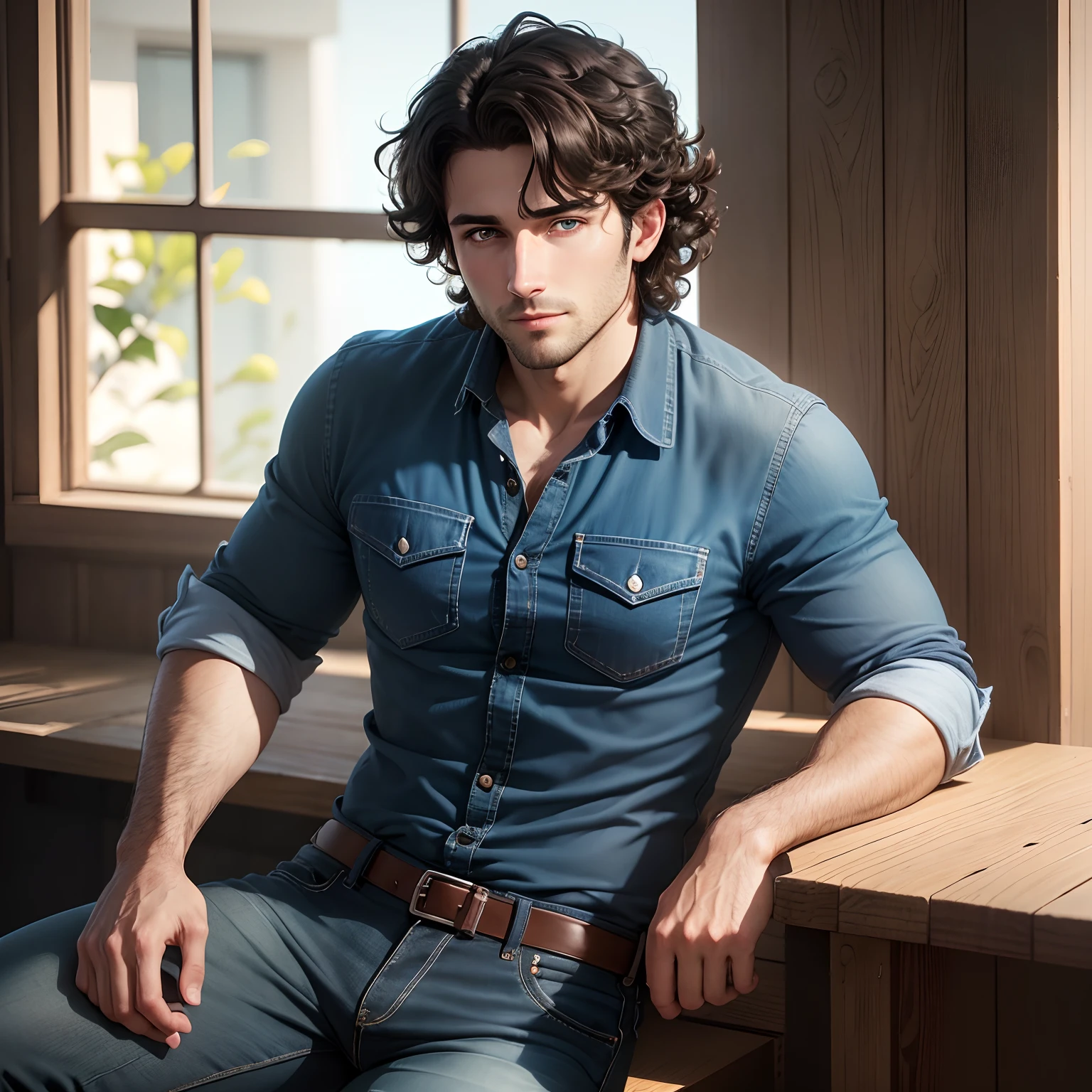 A 30 year old guy with dark brown curly hair and light blue eyes wearing a light blue and dark blue checkered country shirt, black jeans and black boots