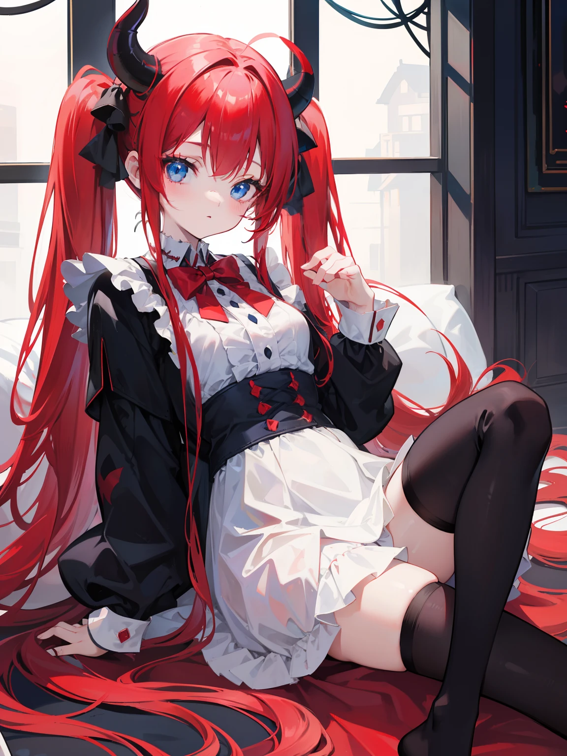 Red hair,Blue eyes,Twintails, Long hair, Solo, Loli, Black stockings,{{Best quality}}, {{Masterpiece}}, {{Ultra-detailed}}, {illustration}, {Detailed light}, {An extremely delicate and beautiful},,Cute,Succubus, demon,Horns