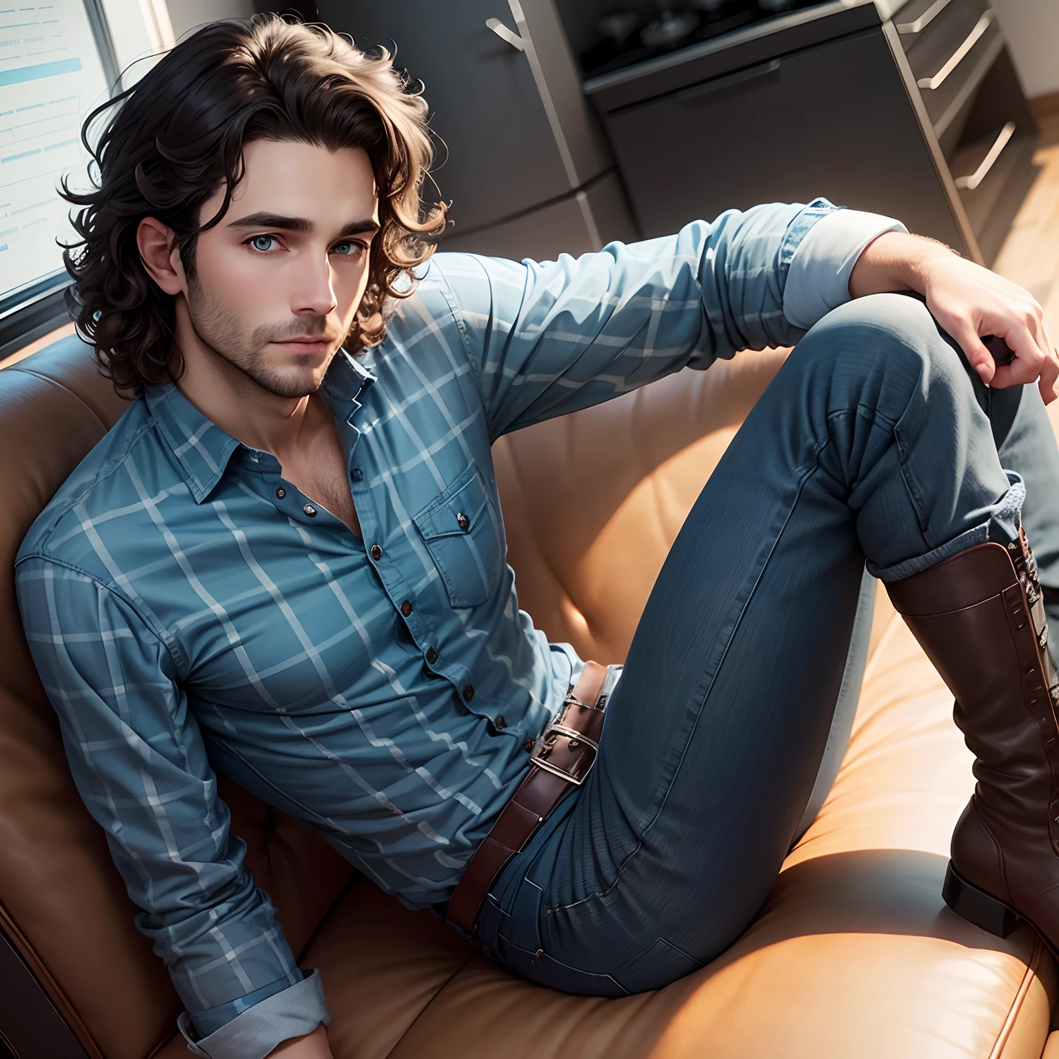 A 30 year old guy with dark brown curly hair and light blue eyes wearing a light blue and dark blue checkered country shirt, black jeans and black boots