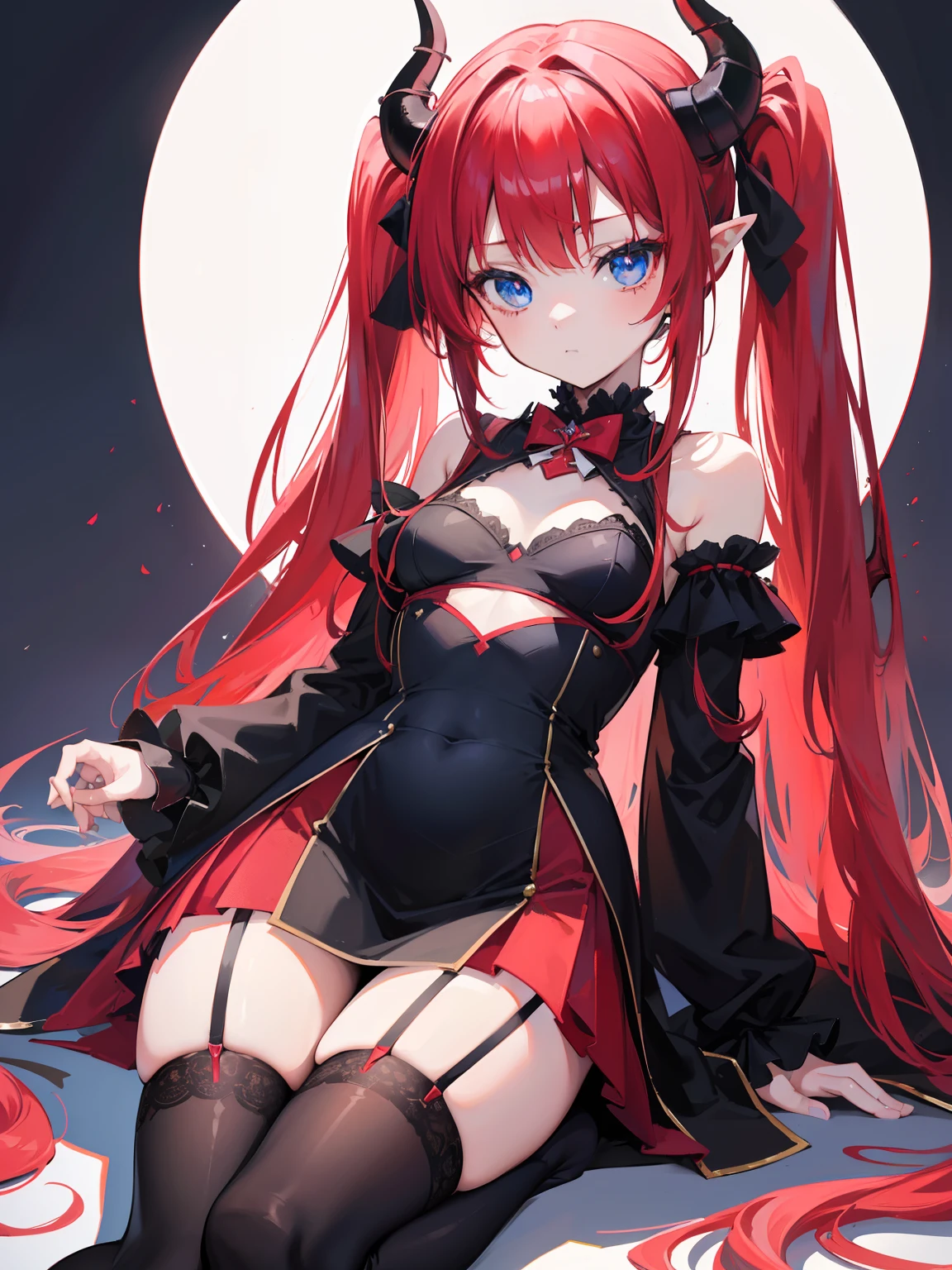 Red hair,Blue eyes,Twintails, Long hair, Solo, , Black stockings,{{Best quality}}, {{Masterpiece}}, {{Ultra-detailed}}, {illustration}, {Detailed light}, {An extremely delicate and beautiful},Litte,Succubus, demon,Horns