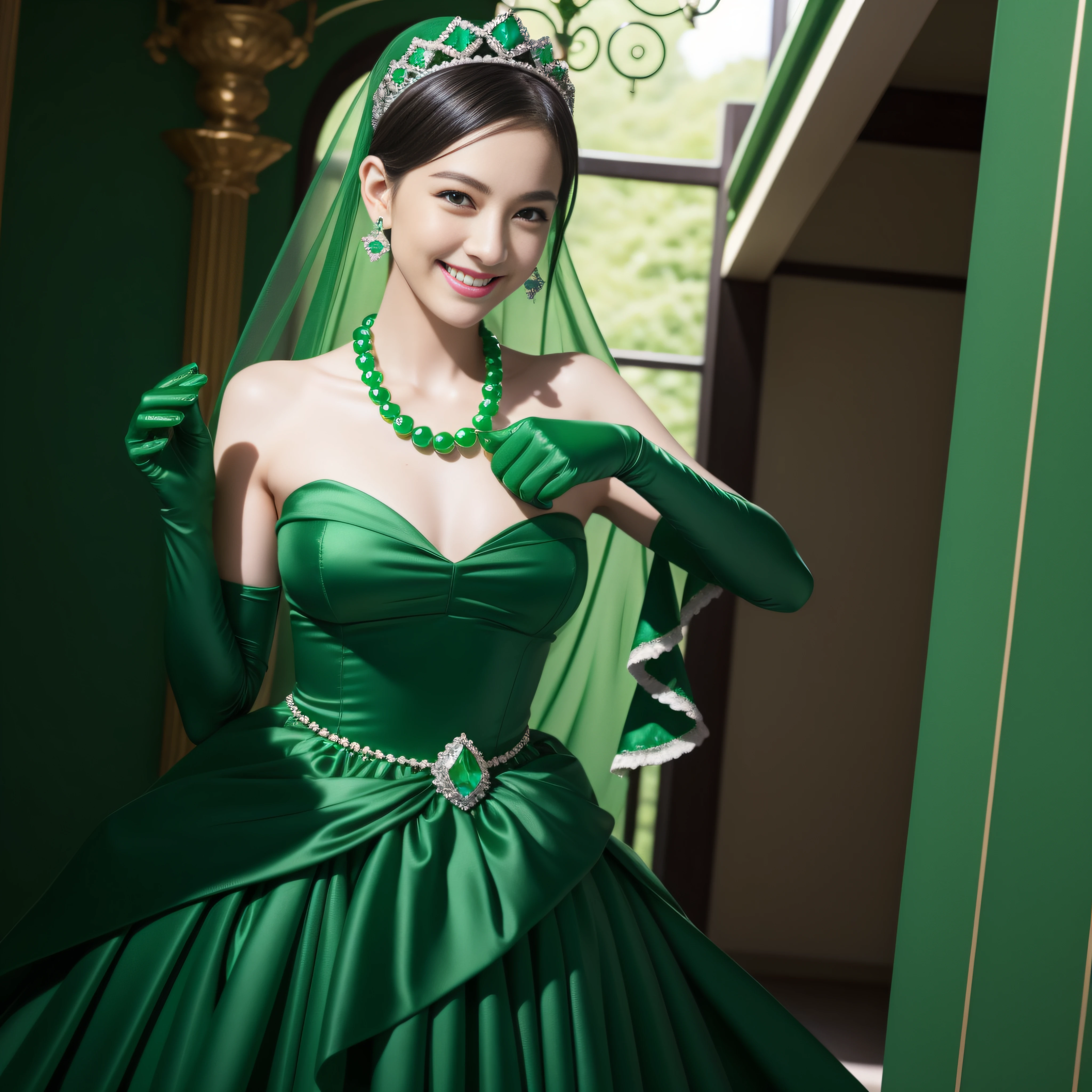 emerald tiara, Green Pearl Necklace, Boyish very short green hair, lipsticks, Japan woman smiling, very short short hair, fist, big breasts beautiful, Green eyes, Long green gloves made of satin material, Green eyes, Emerald Earrings