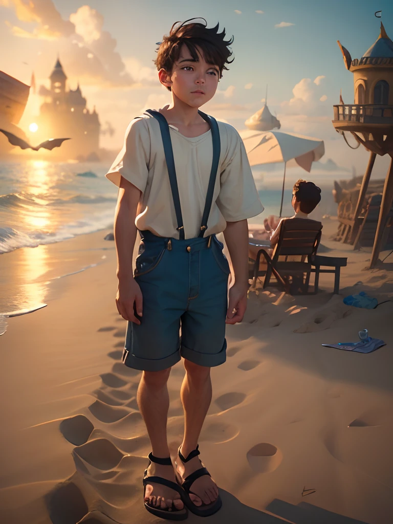 movie picture quality,Disney animation,Disney animated films,style of disney animation,A young boy builds a castle out of sand on the beach,Denim suspenders,The barefoot,depth of fields,high light,Real light,Ray traching,oc rendered,Hyper-realistic,best qualtiy,8K,Works of masters,super-fine,Detailed pubic hair,Correct anatomy,sharp focus on eyes,Bokeh,Facial features are carefully depicted