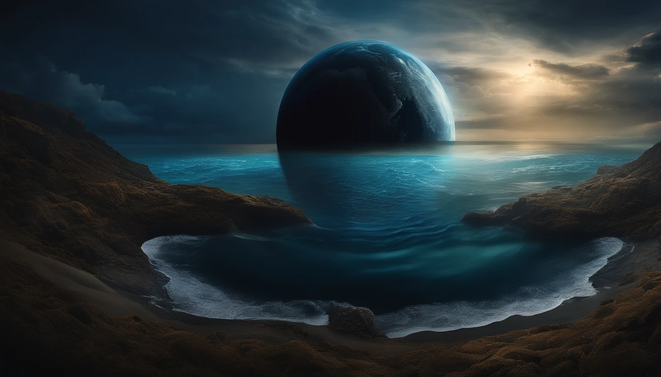 Generate an image that portrays the Earth as a dark, undefined sphere, surrounded by a mysterious deep ocean, in biblical style.