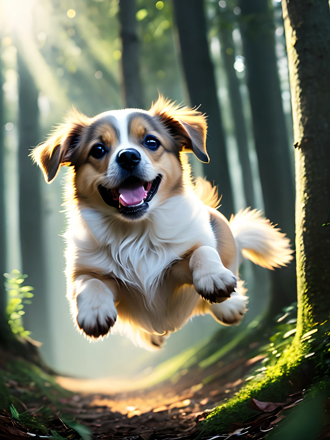 close up photo of a very cute jumping puppy in the forest, soft volumetric lights, (backlit:1.3), (cinematic:1.2), intricate details, (ArtStation:1.3), Rutkowski