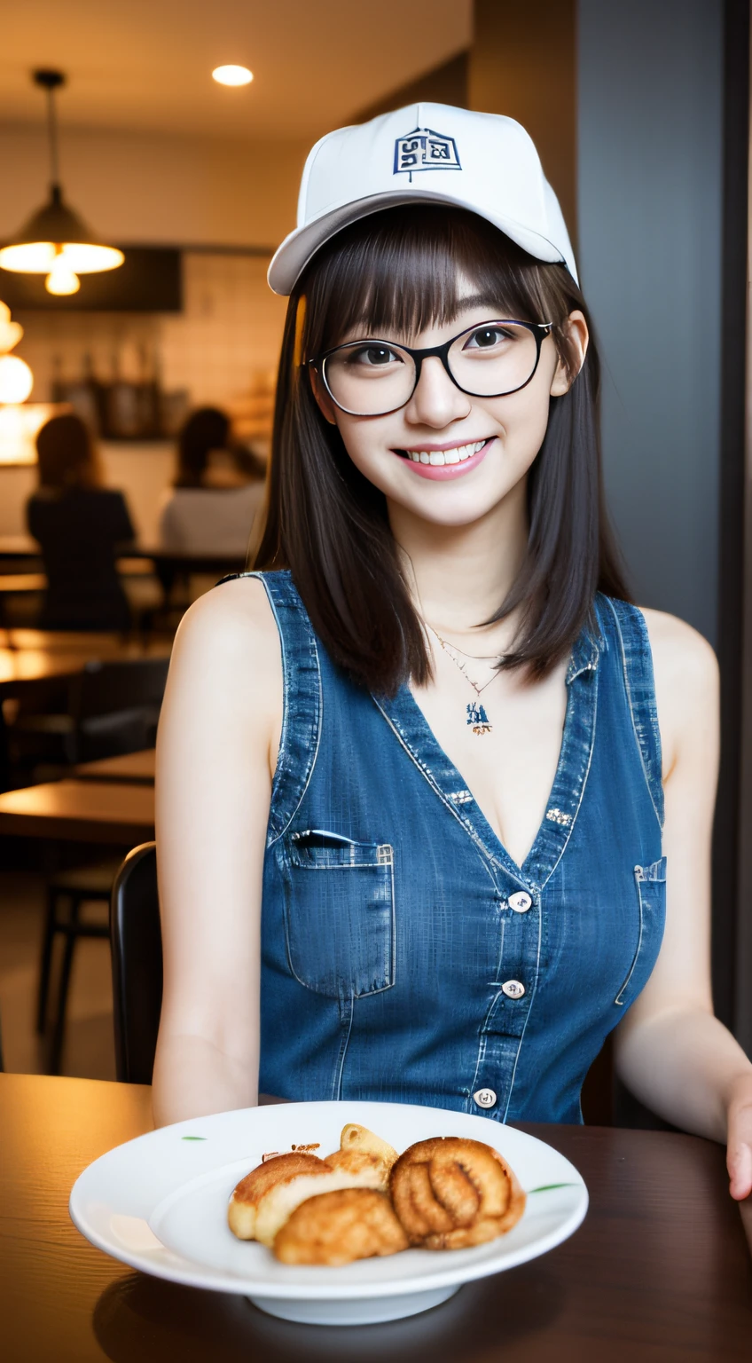 (wears glasses)、Working in a café、two people、Hats、A smile、absolutely outstanding image, very extremely beautiful、masterpiece, top-quality,a picture, kawaii、(Colossal tits:1.2)、,8K,Japan girl realistic young idol、Young cute gravure idol、Young Sensual Gravure Idol、Young gravure idols、model in Japan