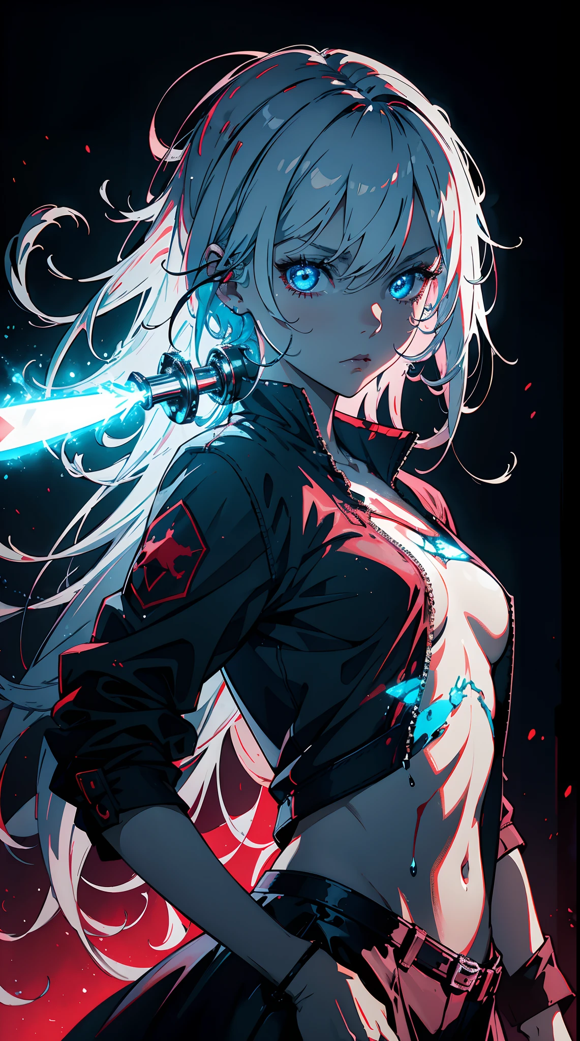 Gril, ,white hair, blue eyes,Holding a knife, red liquid and red blood, living room background.HD lighting and dark )(epic image quality) dark atmosphere with bright particle light(many effects in background)