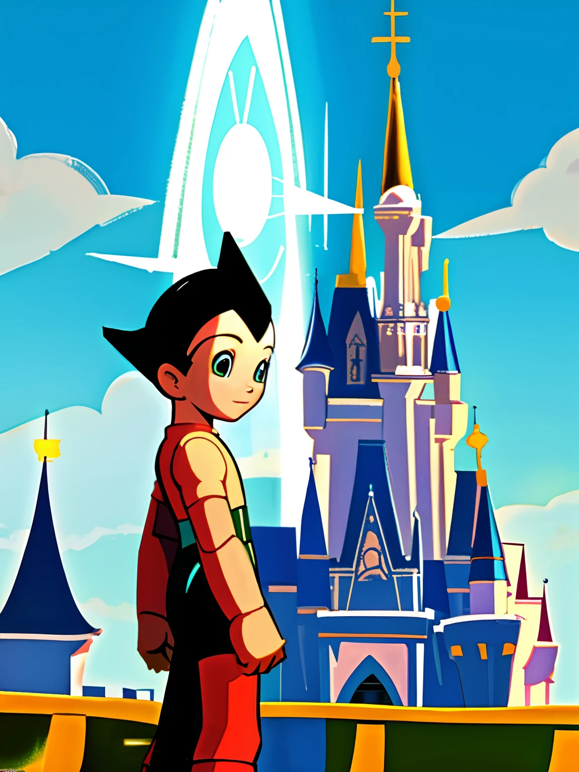 Astro Boy standing in front of the castle at Walt Disney World