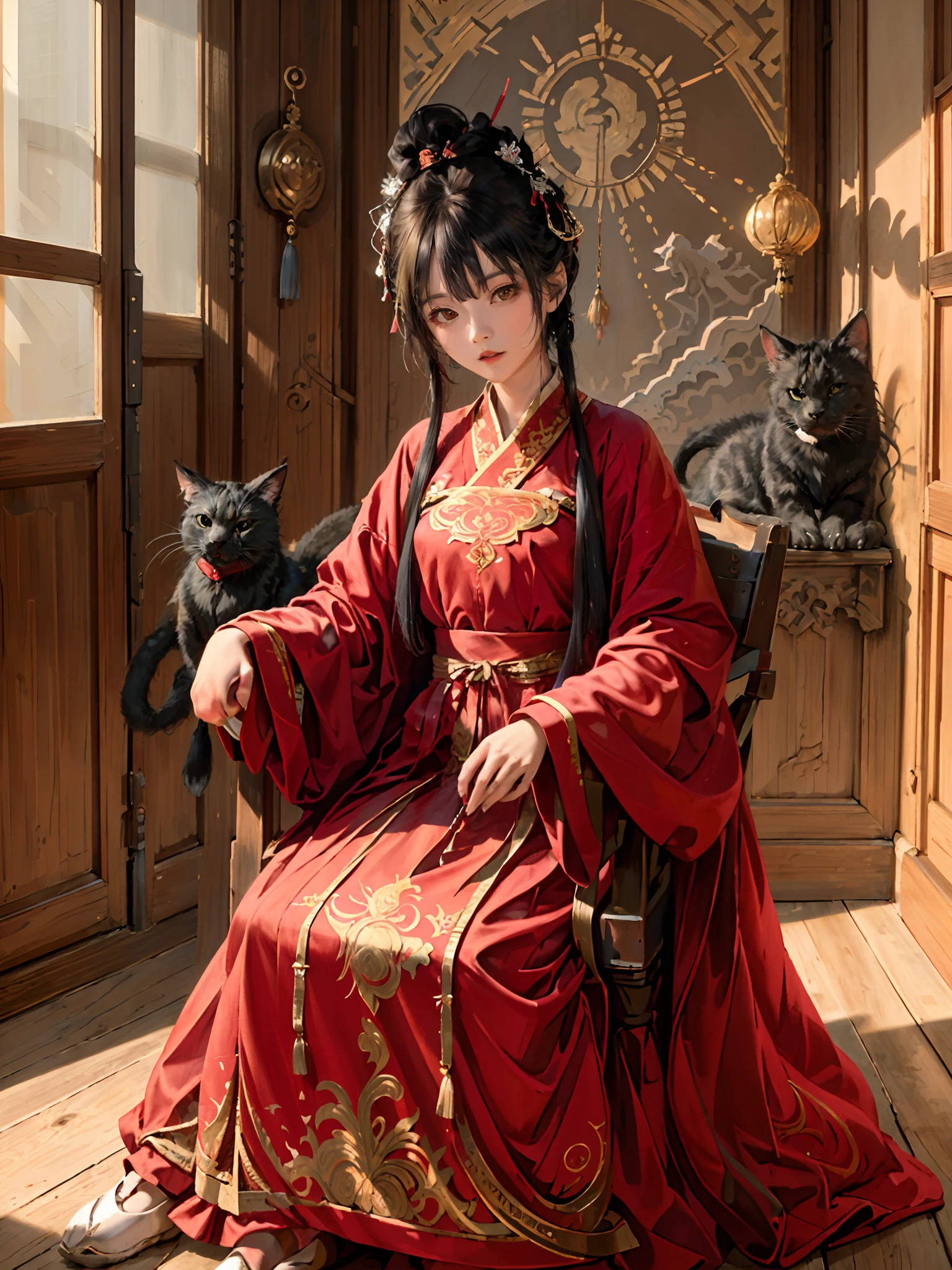 absurdres, highres, ultra detailed, (1girl:1.3), hand drawn, simple line, **** girl in red color Chinese Hanfu , masterpiece, sitting at the chair, indoor, ancient room, moon light, with a black cat, night time, (1 cat)