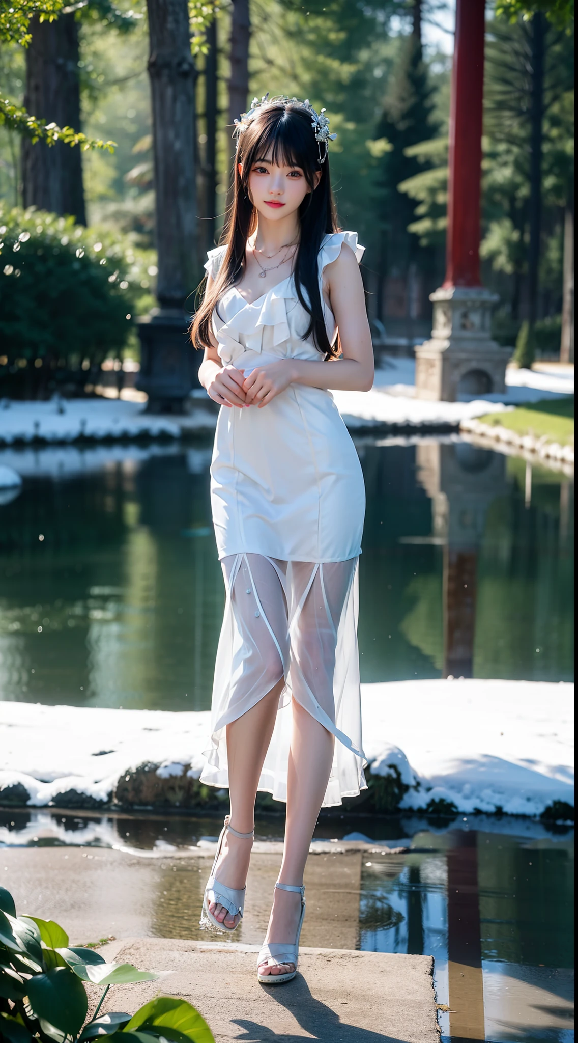 ((masterpiece)), high quality, ultra detiled, best quality, 4k, 8k, high res, wuxia 1 girl, (white hairs), ornament hair, perfect face, beautiful face, ultra detiled face, black eyes, make up, seductive smiles, necklace, jewelry, upon_body, blush dress, ultra silk dress, blue dress, wet dress,Ray tracing, full body, 70mm lens, best fhotografi, cg, ultra detail water, standing in lake, forest, best shadow, with particle of snow.