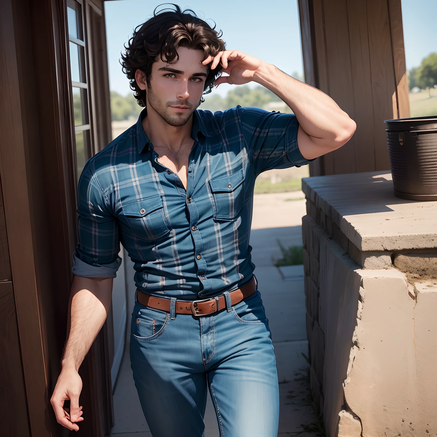 A 30 year old guy with dark brown curly hair and light blue eyes wearing a light blue and dark blue checkered country shirt, black jeans and black boots