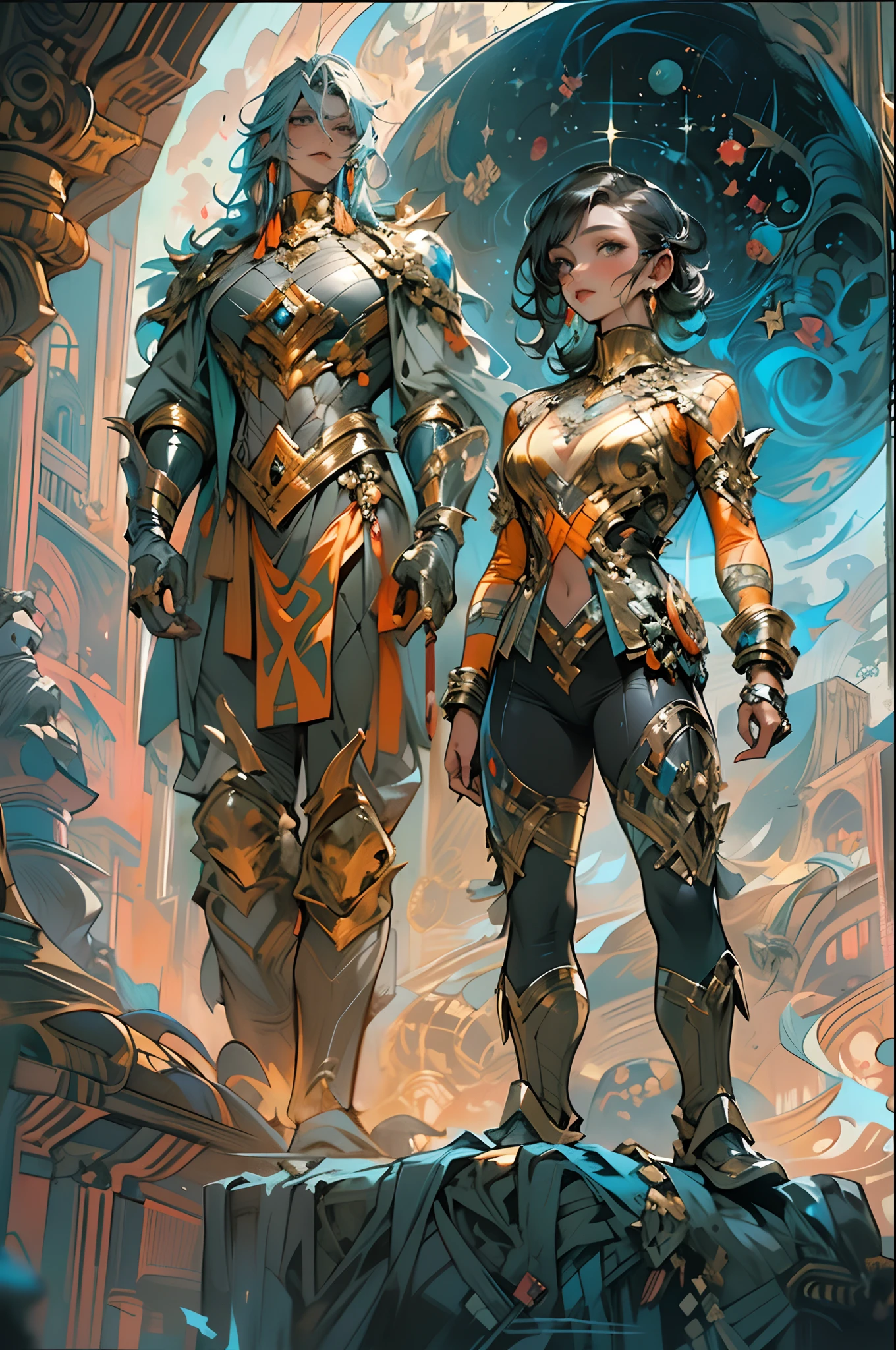 Portrait of a young handsome boy and a girl standing on marvelous stone, standing gitl:1.2, (Low contrast ), colorfantasystyle, Oil painting on matte canvas, sharp detailed, the expanse scifi spacescape ceres colony, Intricate, Highly detailed, Digital painting, plethora of colors, smooth, Sharp focus, illustration, Unreal Engine 5, 8K, art by artgerm and greg rutkowski and alphonse mucha , art by midjourney