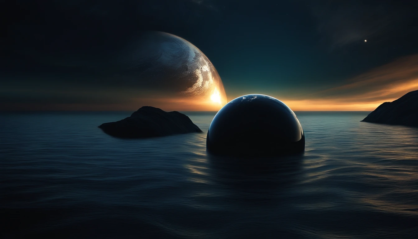 The earth was formless and empty, and darkness covered the deep waters, Generate an image that portrays the Earth as a featureless, dark sphere, shrouded in a mysterious deep ocean.