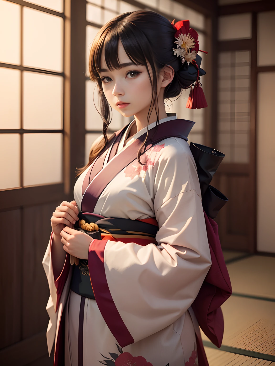 A kimono with 5 layers layered only on the visible parts of the collar, sleeves, and hem.