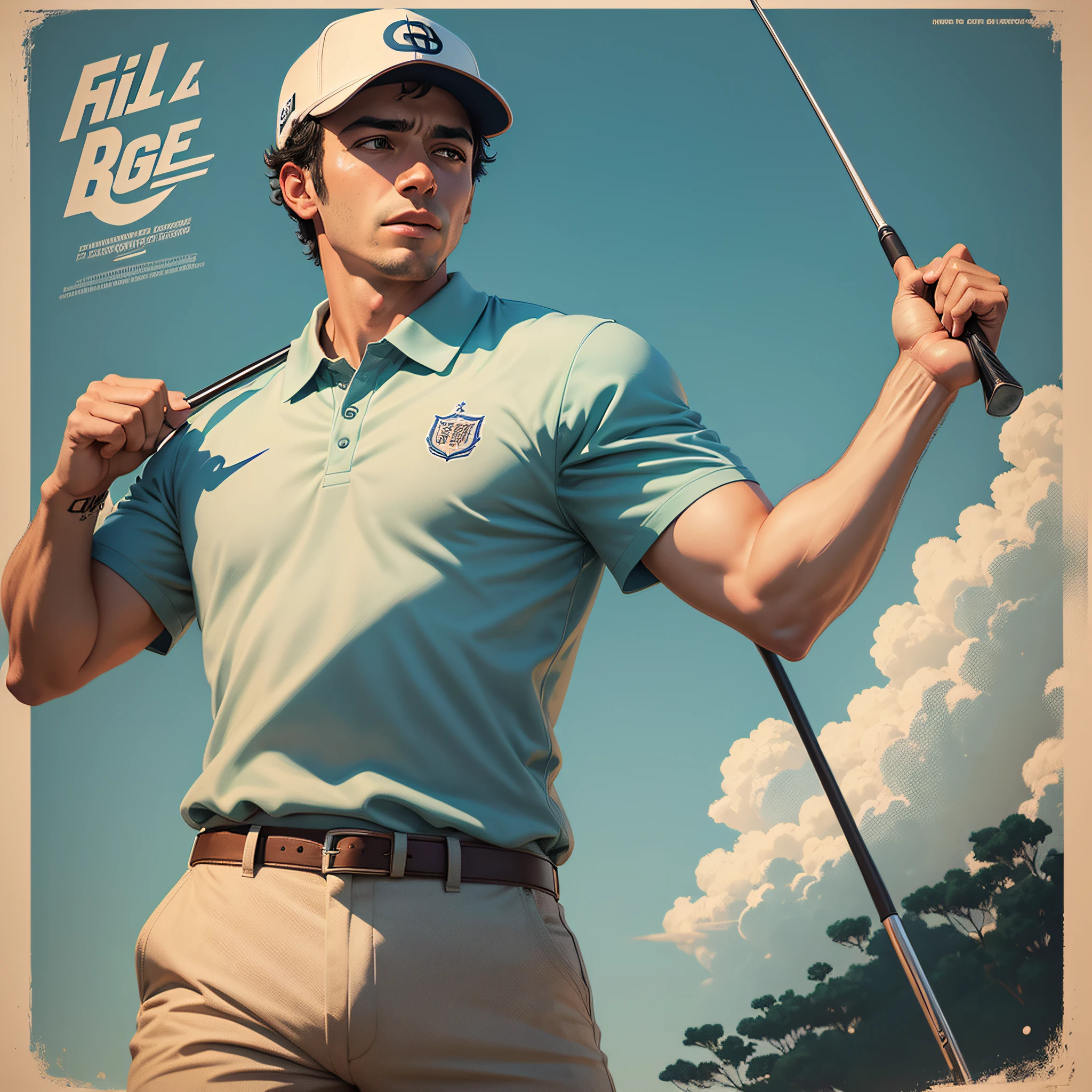 Arafed image of a golfer holding a golf club in his hand, arte de alta qualidade, retro poster, high detailed print, arte detalhada, poster vintage, cartaz do jogo, estilo poster vintage, obra-prima, campo de golfe, emblema, High detail illustration, imprimir!, brincar, atmosfera calorosa e alegre, poster illustration, design de camiseta, projeto muito detalhado