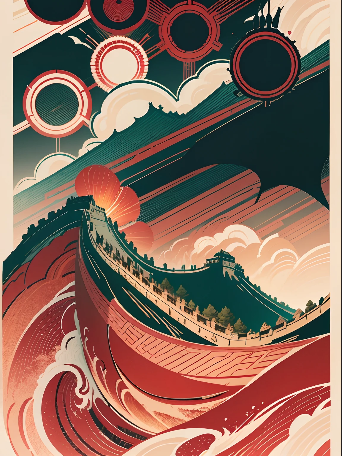Great Wall Mountain sunshine five-star red flag composition poster,Use strong lines to style images。The poster has a circular composition。,There is a large area of white space on the edge。Decorate the picture with clouds and pine trees,Make the whole picture visually balanced。The silhouette of the Great Wall highlights the characteristics of the Great Wall,Many elements of the Great Wall are used in the diagram。