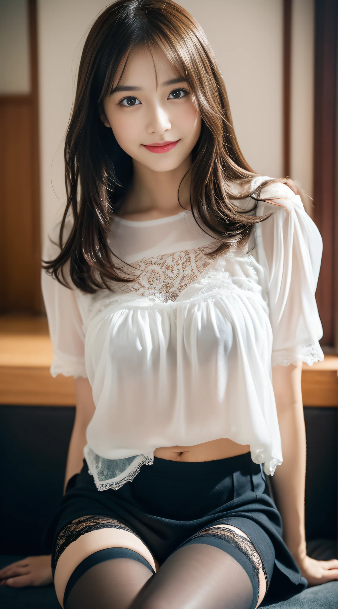 (32k,high detal,high-detail、Attention to detail,masterpiece,full body Esbian,独奏,Although incredibly beautiful and sexy、Very pretty143rd li beautiful girl:1.9),Raw photo & realistic atmosphere,beautiful dark blue eyes,Detailed mouth,Glossy lips,Detailed eyebrows,Eyes drawn in detail with soft white skin that shines in every detail、Very beautiful eyes with dark blue eyes,Detailed lips、Very beautiful face,Very well-formed face、Real Face,shiny beautiful lips,Beautiful eyebrows,Infinite reality, Realistic Young Gravure Idol, Young Sensual Gravure Idol, Young Gravure Idol, Beautiful, Sexy and cute.14-year-old girl junior high schooll beaful girl,ole body is ipped out,with a flushed face,,The body is dripping wet,Sheer clothing,Hair is wet,Dripping water,dripping,(Wet and see-through short sleeve blouse,Beautiful kind eyes,Looking at the camera:1.5),(Beautiful smooth legs,Exposed thighs,Gentle smile,Sexy shapely breasts,,Immature body,Beautiful sexy floral almost lace blouse with red and white base,Super emphasis on bare thighs,Show off your beautiful thighs sexy,Dark room in crimson sexy space,Sit on the bed、Stand on both feet:1.7),(semi-long hair with shiny knots,White and gold abstract floral lace blouse,3dUltra-high resolution blouse with super detail、Lace and ruffles、See-through fabric for sexiness,All buttons of the blouse are unbuttoned.,The lower part of the body wears black pantyhose, Garter belts and G-strings,cover crotch with hands,Warm your crotch with your hands,Dark red,total darkness,The room is dark、Difficult to see the subject.,Pitch black red sexy space:1.9)