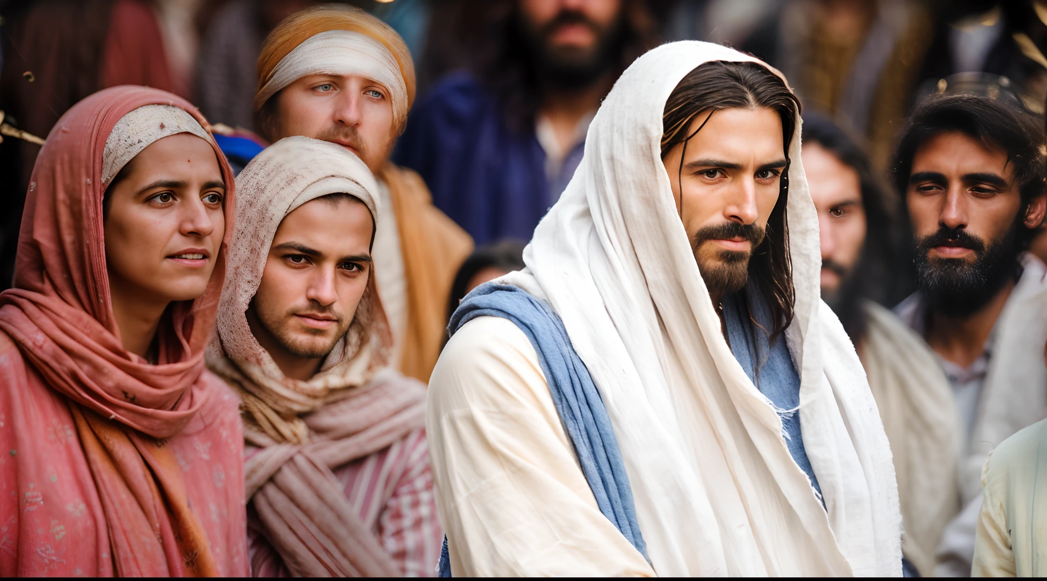 Modern portrait of Jesus in the crowd, rodeados de pessoas, cinematic lighthing, profundidade de campo, Bokeh, Realismo, fotorrealista, hiper-realismo, fotografia profissional, UHD, DSLR, HDR