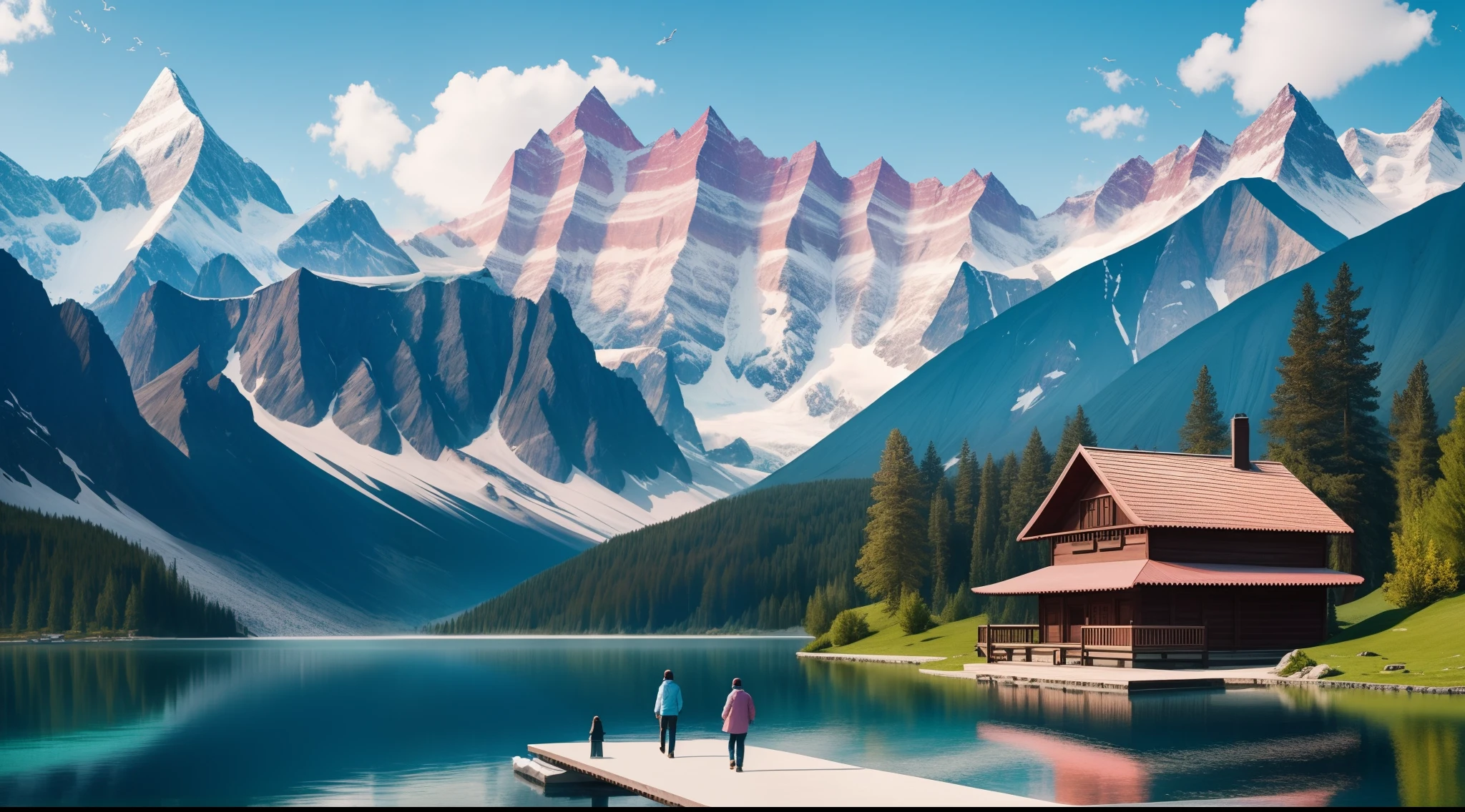 A beautiful view, ice mountain, lake front of mountains, there's a small wooden house, a man and a woman walking, a beautiful fountain coming from mountains, there's a small wooden boat in lake, fishes, hyper realistic, light pink weather, clouds, wooden bridge, birds,