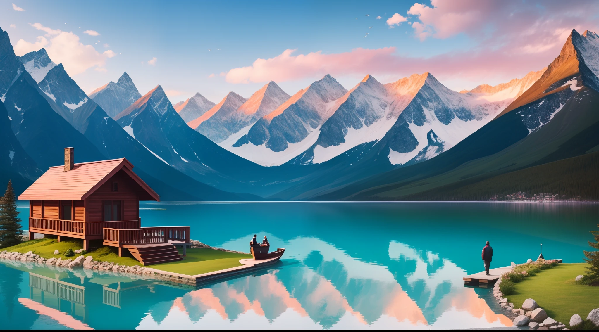 A beautiful view, ice mountain, lake front of mountains, there's a small wooden house, a man and a woman walking, a beautiful fountain coming from mountains, there's a small wooden boat in lake, fishes, hyper realistic, light pink weather, clouds, wooden bridge, birds,