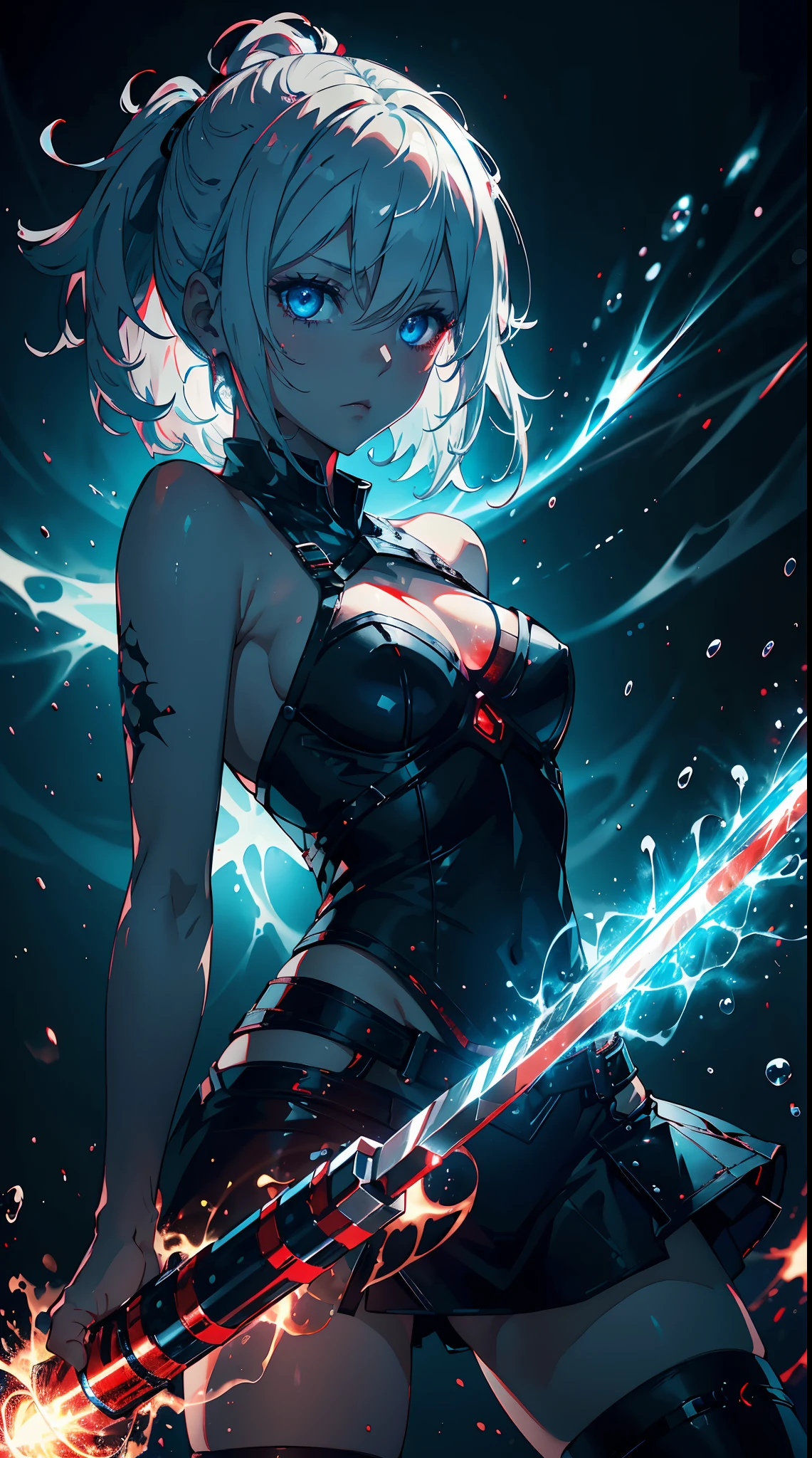 Gril, li,white hair, blue eyes,Holding a knife, red liquid and red blood, living room background.HD lighting and dark )(epic image quality) dark atmosphere with bright particle light(many effects in background)