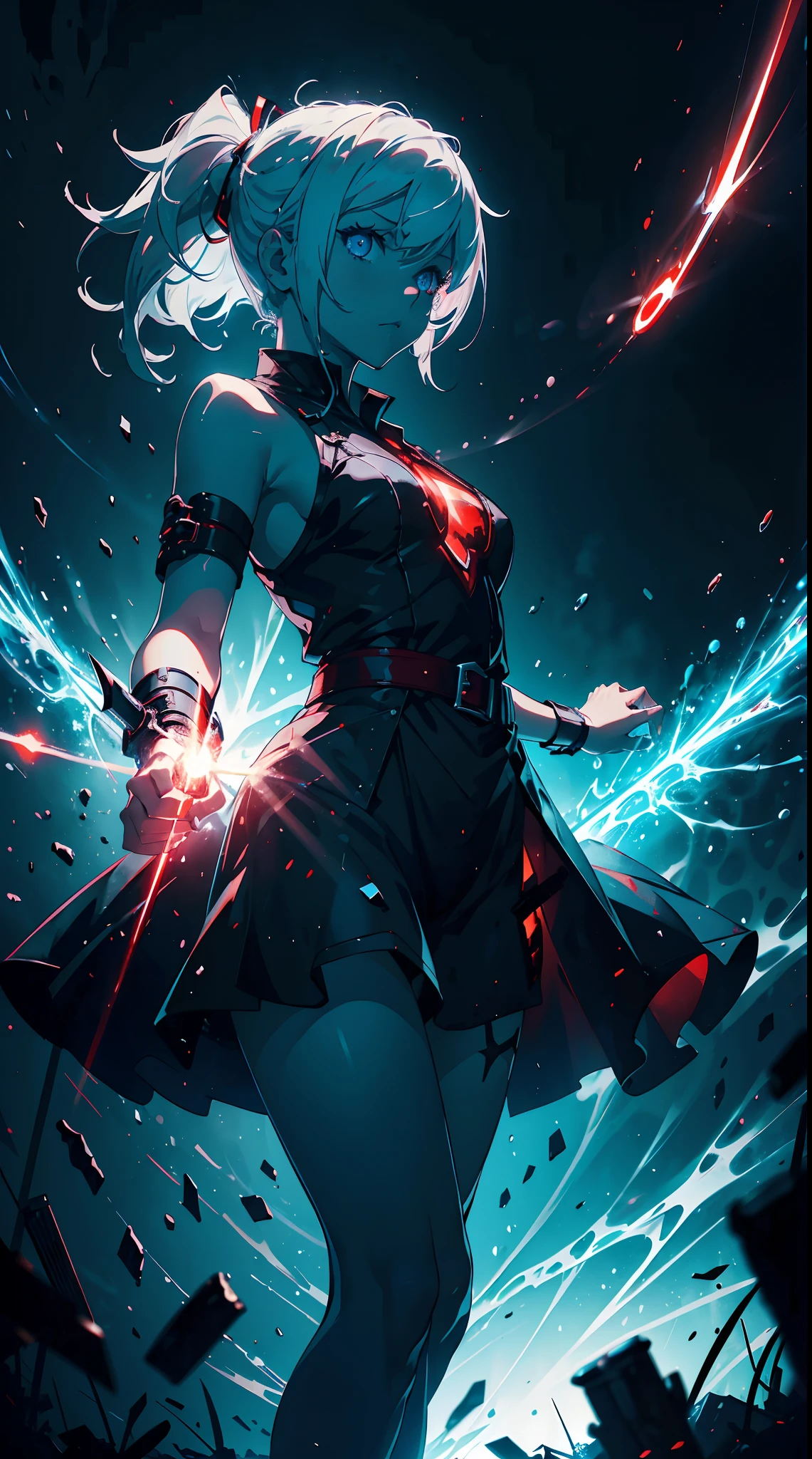 Gril, ,white hair, blue eyes,Holding a knife, red liquid and red blood, living room background.HD lighting and dark )(epic image quality) dark atmosphere with bright particle light(many effects in background)