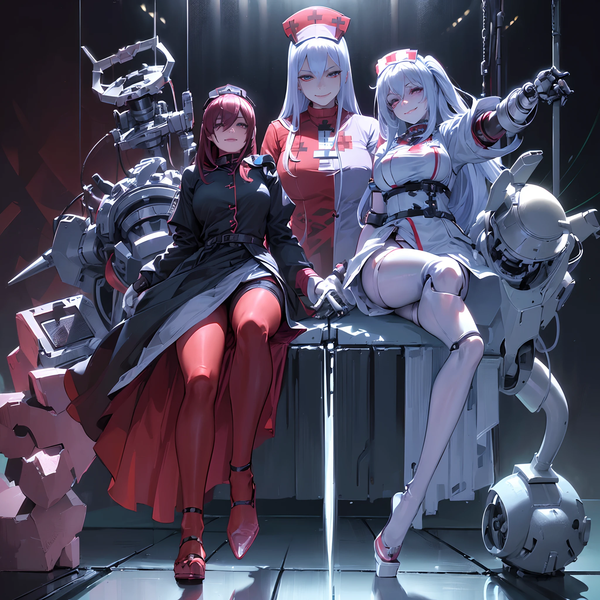 ((((fullllbody, Mechanical Nurse, Evil sensual smile, 1))), Mechanical Accessories, Machine-based prosthetic hand, No background, 1 young woman, Cross Hat, Striped hair, eye reflections, Open Makeup, Smiling, high detailing, Gothic art, Toys, Motion Blur, Ray tracing reflected light, multi view, Perspective, ultra wide-angle, masutepiece, Anatomically correct, Textured Leather, Super Detail, high detailing, High quality, Better Quality