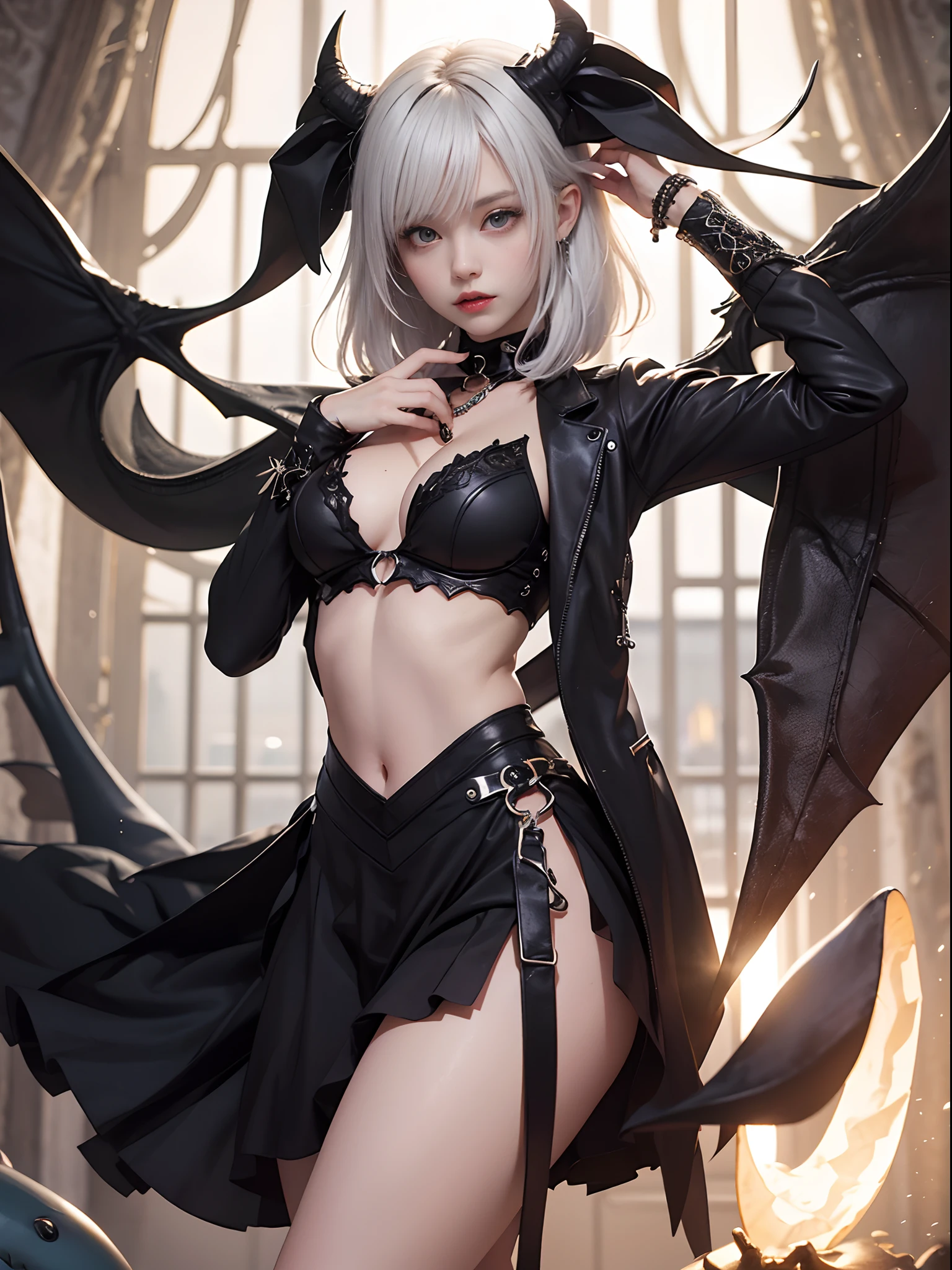 Unbeatable masterpiece, Ultra photo realsisim , Perfect artwork , Intricate details , Best quality , Strong light , High contrast , Dynamic pose , Dutch angle , ((Depth of field)) , (fantasy) , fansty world , (Vampire) , 1girll , Loli , (Exquisitehands) , Petite , (White hair) , White eyes , Shark mouth , Fair skin , spiky_hor ears , Flat chest , Dark black clothing , (Dark) , dungeon , Leather ,Sitting , (Blood:0.7) , footsteps , column , (Moonlight) , cute big breasts , (offcial art , Unity 8k wallpaper , Ultra detailed , high high quality , Best quality) , (Highest quality , Amazing details:1.25) , Portrait of amazingly beautiful girl , Original Character , voluminetric lighting , Bright pupils ,