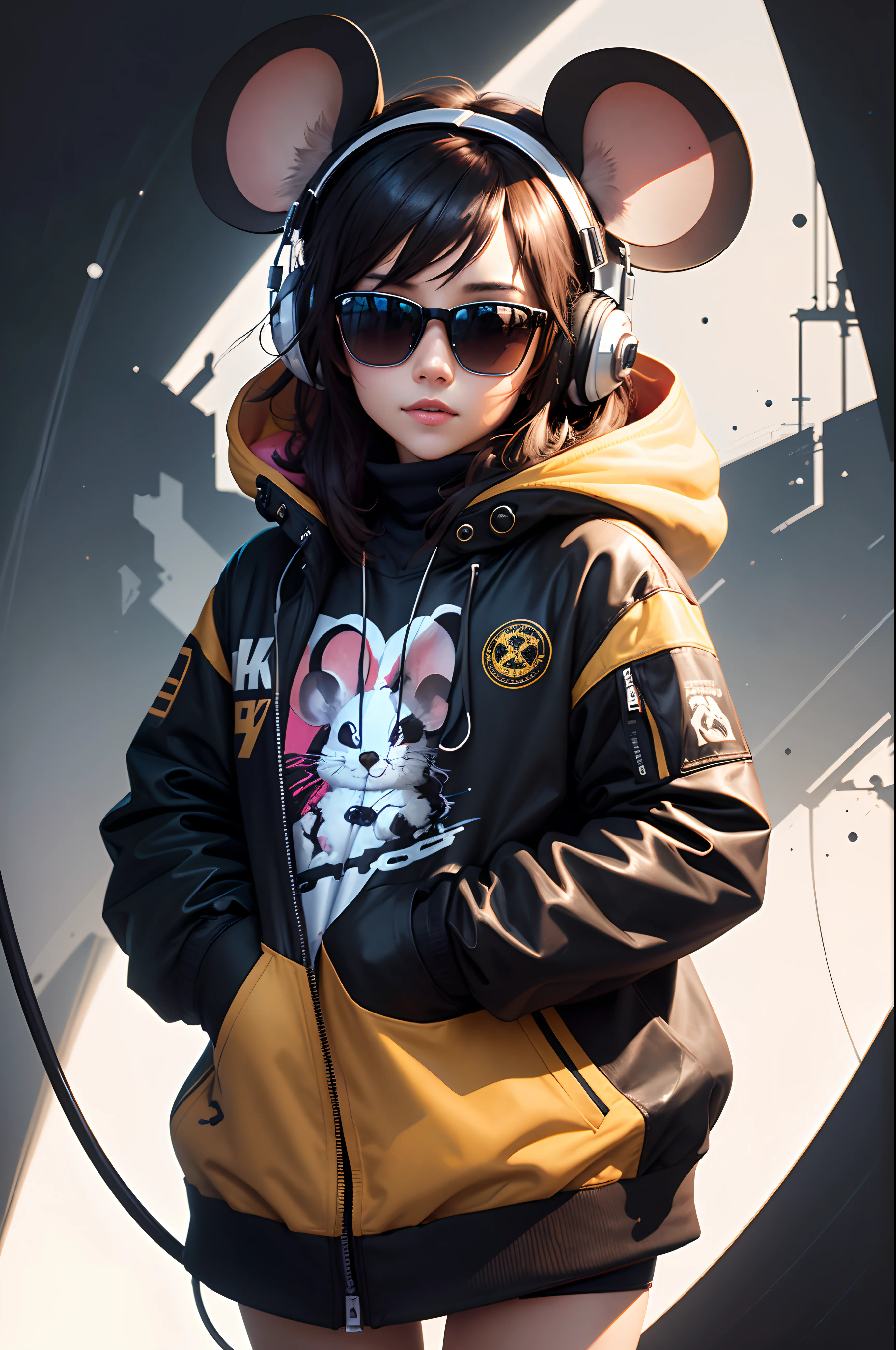 Perfect centering, Cute mouse, Wear a student team jacket, Wearing sunglasses, Wearing headphones, cheerfulness, Standing position, Abstract beauty, Centered, Looking at the camera, Facing the camera, Approaching perfection, Dynamic, Highly detailed, Smooth, Sharp Focus, 8K, hight resolution, Illustration, art by carne griffiths and wadim kashin, White background