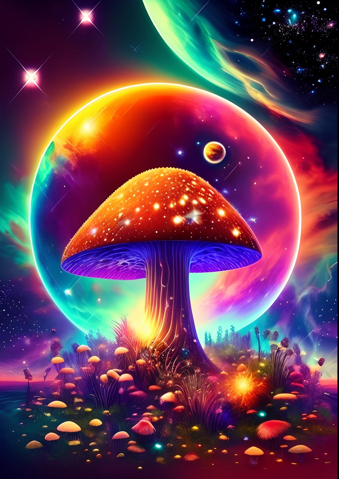 dreamlikeart, galaxy, outer space, nebula, star, [cyberpunked] Mushrooms of the stars. (star:1.5),