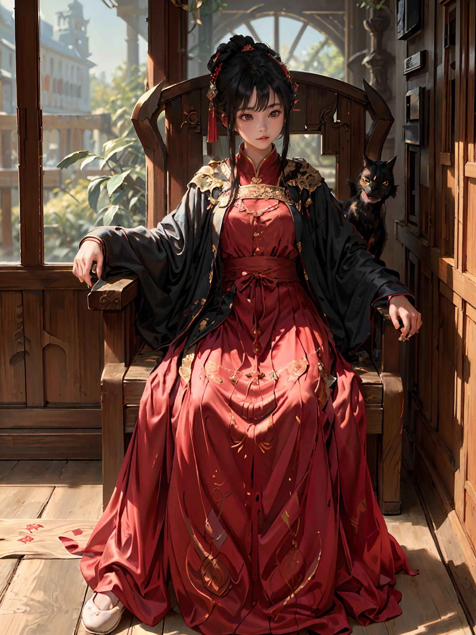 absurdres, highres, ultra detailed, (1girl:1.3), hand drawn, simple line,  girl in red color Chinese Hanfu , masterpiece, sitting at the chair, indoor, ancient room, moon light, with a black cat, night time, (1 cat)