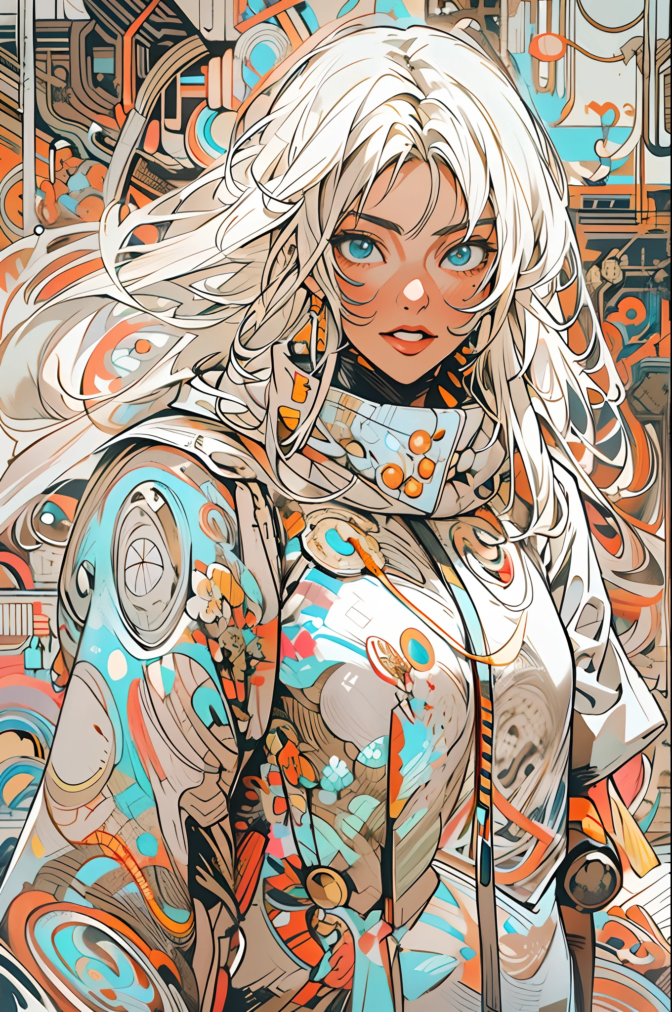 1monk warrior girl with white techwear clothes, white long hair, laces, abstract vintage scifi background, art by Moebius, art by Ashley Wood