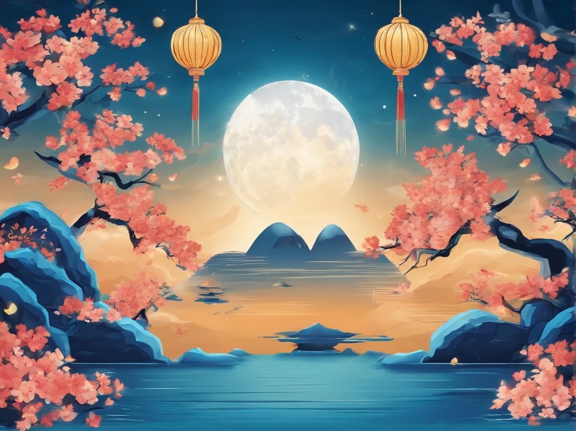 Mid-Autumn Festival banner image,Background with:Sea of Stars,blue colors,large moon in the sky,E-commerce homepage display,(Various small appliances are flying on the screen:1.2),