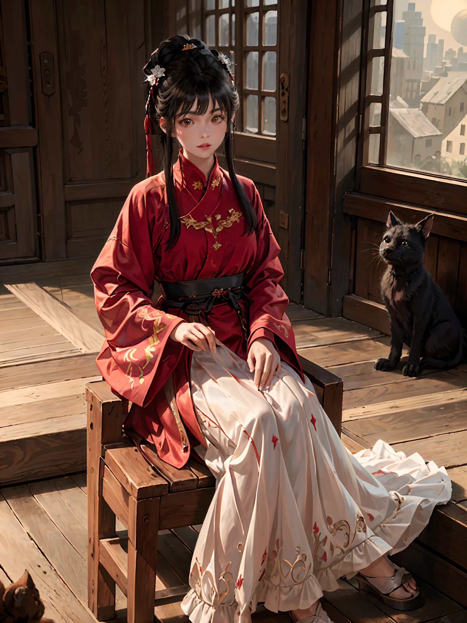 absurdres, highres, ultra detailed, (1girl:1.3), hand drawn, simple line, **** girl in red color Chinese Hanfu , masterpiece, sitting at the chair, indoor, ancient room, moon light, with a black cat, night time, (1 cat)