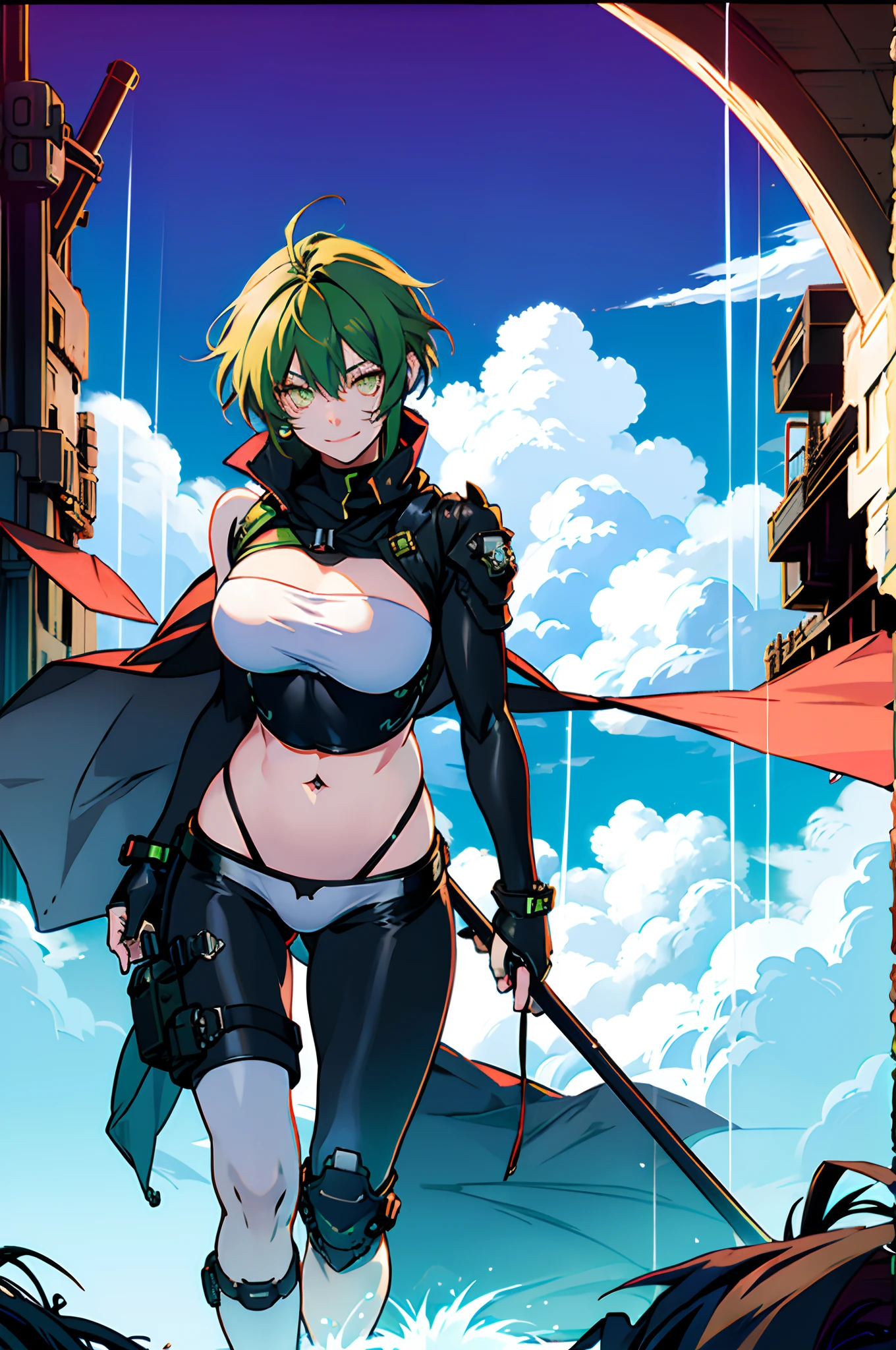 Pure sky，mechanical leg，Black mechanical legs，Plump legs，Green gem setting，Anime girl standing gracefully on the ground，Black cape and green hair, rogue anime girl, Anime girl standing, Wearing a cloak on the blasted plain, asuka suit under clothes!, Cyborg girl, badass posture, mechanic punk outfit, anime styled 3d, render of a cute 3d anime girl, gapmoe yandere grimdark, Female character，musculature，Abs，Glowing green eyes，Black hair with green gradient，short detailed hair，Bunched hair，Dull hair，（Muscle 2.0），Tomboyish，Be red in the face，looking at viewert，Elaborate Eyes，Black mechanical legs，huge tit，1.5，Put your hands in your pockets，ssmile，blacksilk，Straight big breasts，strappy，Black openwork hot pants，White bandeau，Toothless smile，Lower breast，Mechanical wind，There are no cities，Side breasts，Excitation，Top crotch，Sexy lower abdomen，Camel toes，Mermaid line