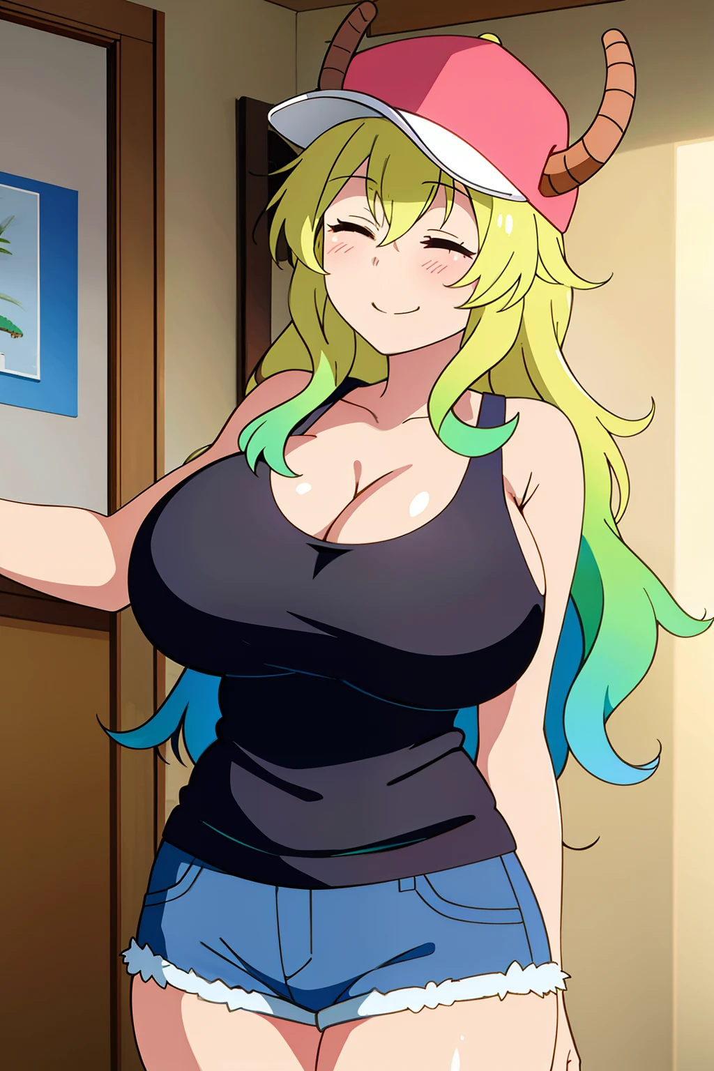 masterpiece, perfect lighting, (beautiful, best quality:1.3), perfect eyes, absurdres, 8k, 1girl, solo, (absurdres), finely detail, smile, lucoa_quetzalcoatl, multicolored hair, closed eyes, dragon horns, dragon girl, ((((large breasts 1.9)))), multicolored hair, blonde hair, hat, cleavage, cowboy shot, short shorts, tank top, denim, baseball cap, from below, white panties,