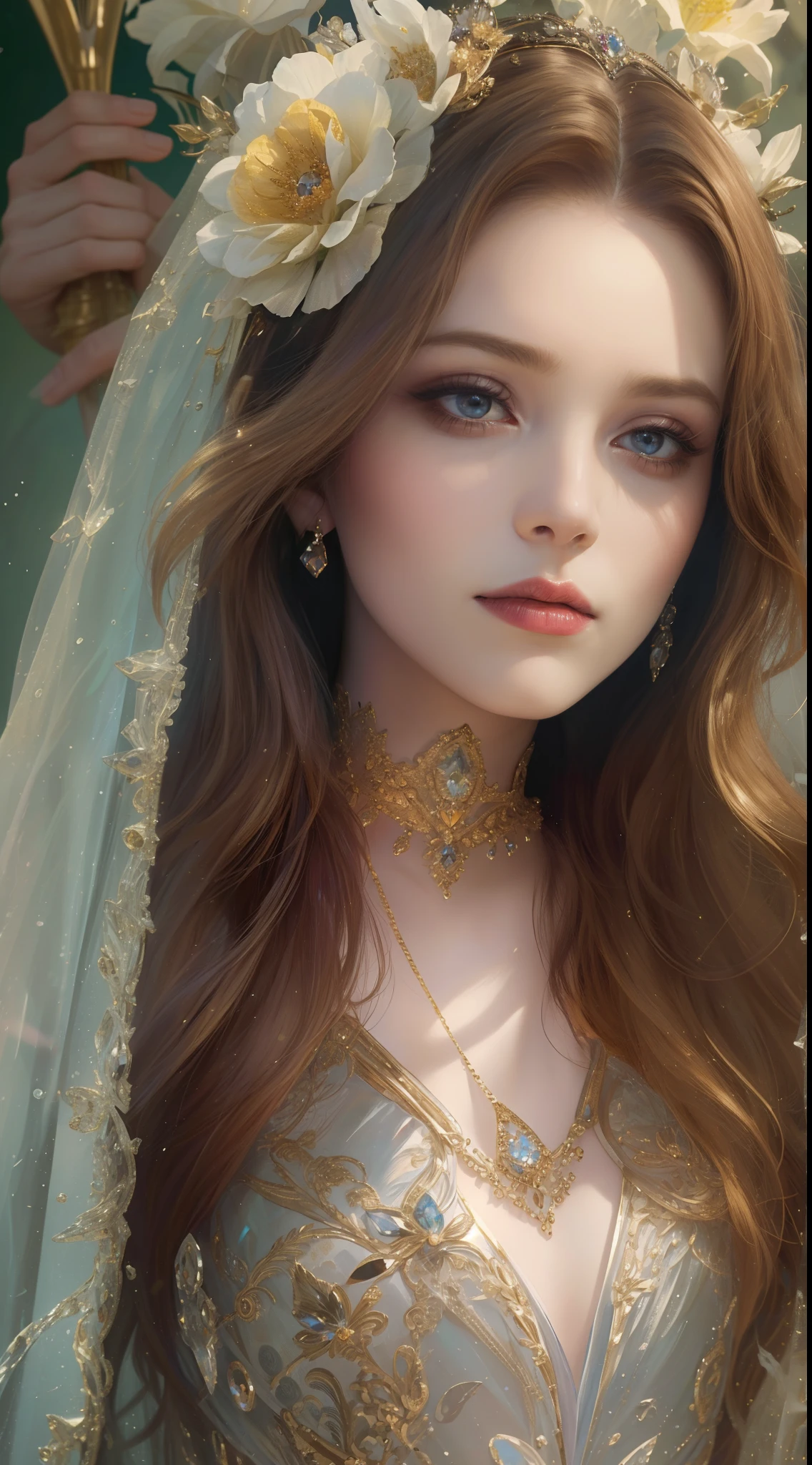 (Best quality,8K,A high resolution,Masterpiece:1.2),Ultra-detailed,(Realistic,Photorealistic,photo-realistic:1.37),Portrait,Creative style artwork,Historical,classical,Sophisticated,plethora of colors,Highly detailed,Soft lighting,luxurious environment,detailed gown,Vibrant flowers,detailed jewellery,Ethereal atmosphere,Elegant Pose,Graceful curves,Gold body proportions,Flowing hair,Breathtaking textile patterns,Harsh purple eyes,Delicate floral decoration,A dazzling array of crystal accessories,Mysterious and dreamy atmosphere,Impeccable attention to detail.
