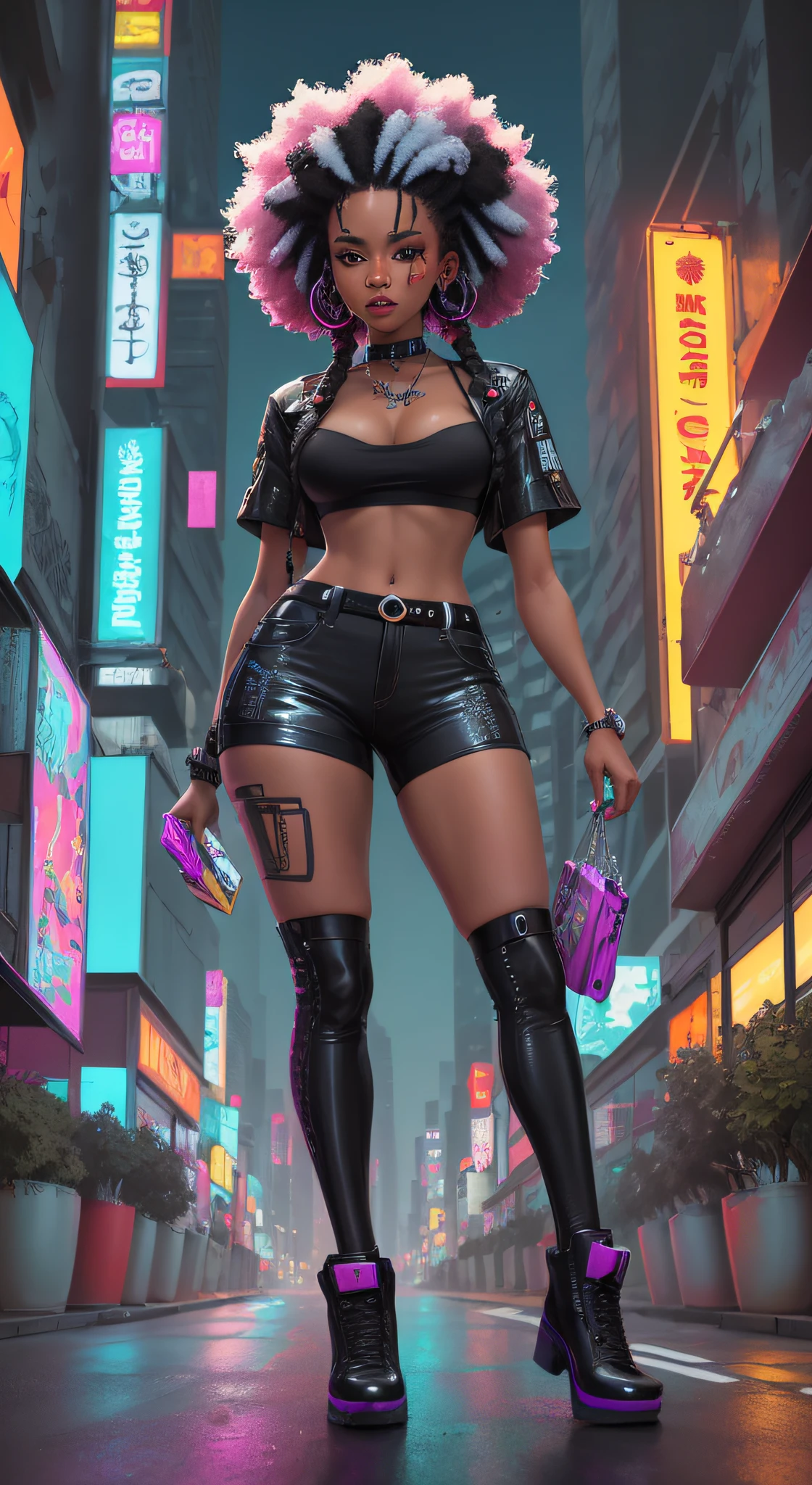 obra prima, melhor qualidade, 1 garota NEGRA cyberpunk, ((CABELOS AFRO)) ((Afro braids)), tiro de corpo inteiro, Olhando para o Viewer, Confident cyberpunk girl with bold expression, Conjunto pop inspirado em Harajuku, bold colors and patterns, Attractive accessories, Penteado moderno e inovador, Maquiagem vibrante, Paisagem urbana cyberpunk deslumbrante, sky scraper, neon signs, luzes led, Esquema de cores vivas e brilhantes, Textura detalhada da pele, Textura detalhada do tecido, Rosto bonito e detalhado, Detalhes intrincados, ultra detalhado.