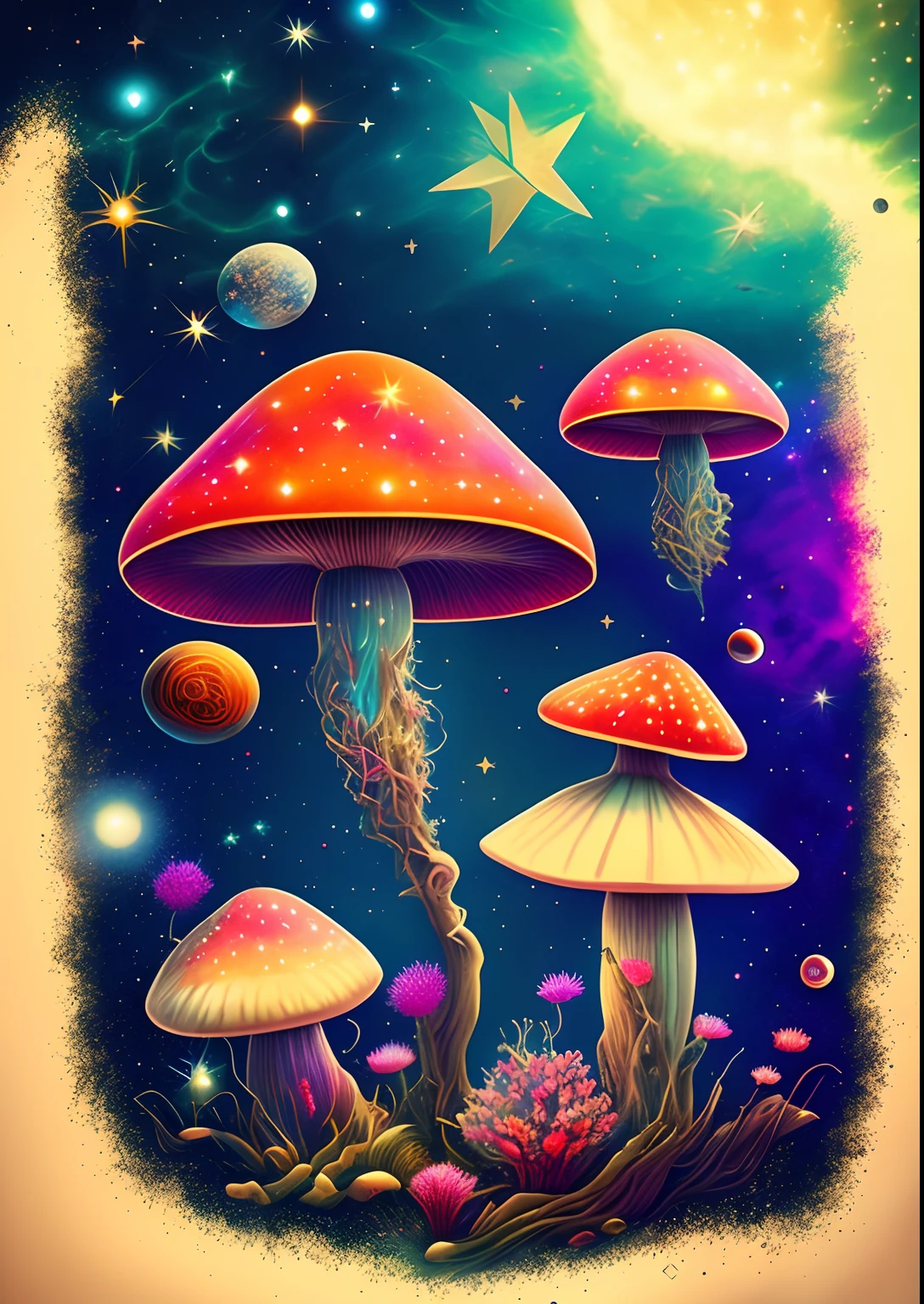 dreamlikeart, galaxy, outer space, nebula, star, [cyberpunked] Mushrooms of the stars. (star:1.5),