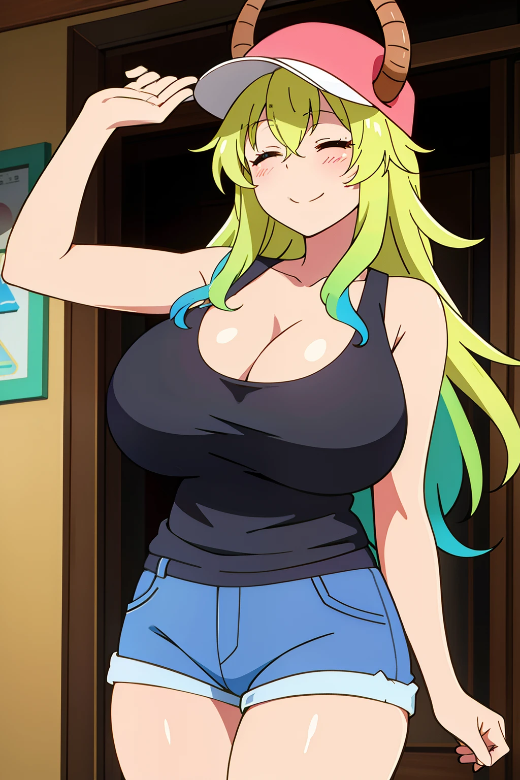 masterpiece, perfect lighting, (beautiful, best quality:1.3), perfect eyes, absurdres, 8k, 1girl, solo, (absurdres), finely detail, smile, lucoa_quetzalcoatl, multicolored hair, closed eyes, dragon horns, dragon girl, ((((large breasts 1.9)))), multicolored hair, blonde hair, hat, cleavage, cowboy shot, short shorts, tank top, denim, baseball cap, from below, white panties,