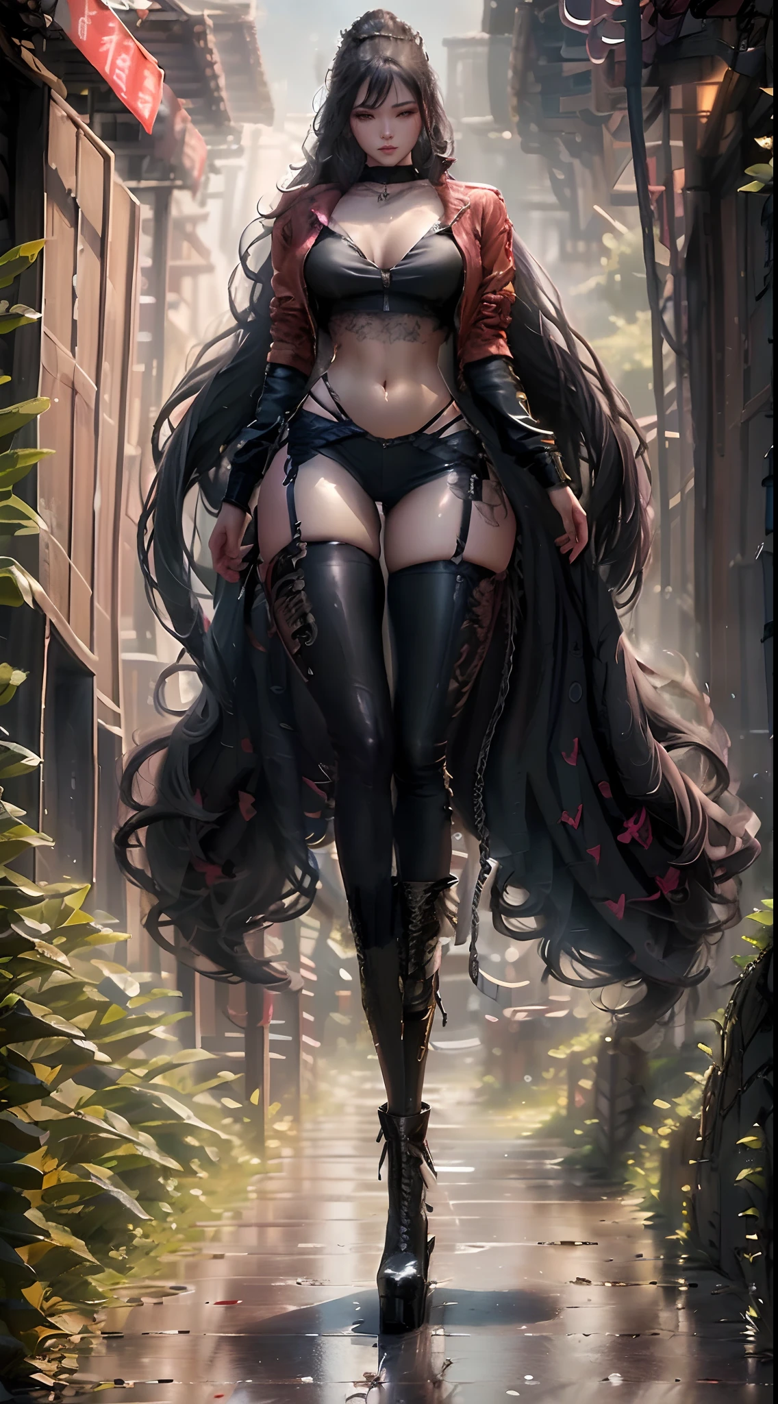 A woman dressed in black walks down the street wearing a long coat, Perfect facial features，by Yang J, wlop rossdraws, style of wlop, [ trending on CGSociety ]!!, dark fantasy style art, style of raymond swanland, author：feng zhu, Rosla 1. 0, rossdraws sakimimichan, Guviz-style artwork
