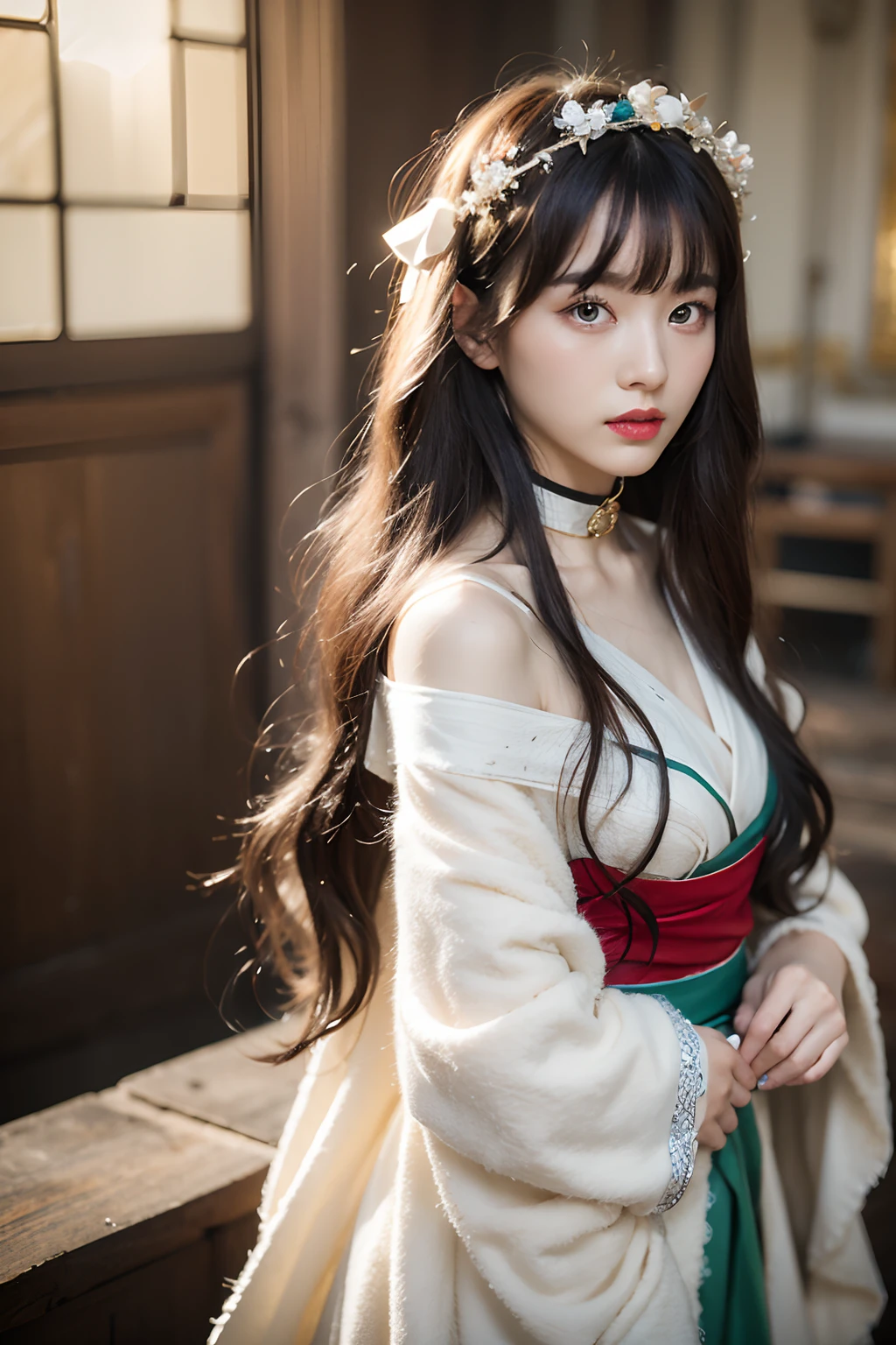 Works of masters,Higher quality,超高分辨率,8K分辨率,depth of fields,in a panoramic view,first person perspective,Slim waist,Long legs,Vivid colors,s the perfect face,Girl,solo person,ssmile,Red lips,Big eyes,long whitr hair,A brown-haired,Wave head,Bracelet,Collar,bangle,Gorgeous Hanfu,frilld,lacing,White gauze shawl,fur shawl,Facing the viewer,eventide,Temple,Natural soft light