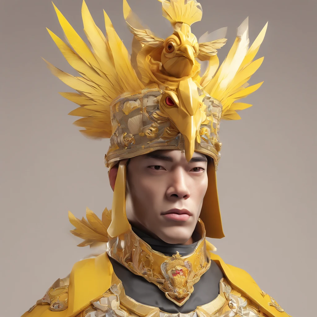 body builder、Human with a chicken head、hali々and majestic heads dressed in the costume of Malaysian kings create a mesmerizing photo operation featuring a chicken man, Decorated with luxurious yellow garments, and wear a magnificent tanjak as a traditional headpiece. A majestic head places a chicken human on an enchanting grand throne, Castle in Another World. Using creative editing techniques、Head blends chicken humans seamlessly with luxurious settings, Elevate the overall atmosphere with subtle magic and ethereal elements. This piece should evoke a strong sense of awe, power, and Enchanted, Heads dressed in glittering yellow costumes invite viewers to an enchanting and mythical world ruled by the human king of chickens