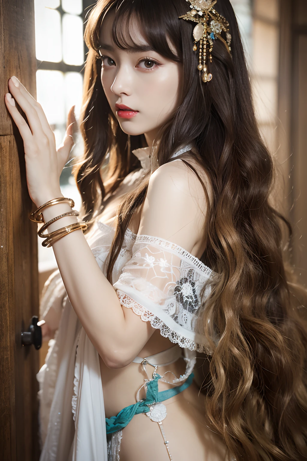 Works of masters,Higher quality,超高分辨率,8K分辨率,depth of fields,in a panoramic view,first person perspective,Slim waist,Long legs,Vivid colors,s the perfect face,Girl,solo person,ssmile,Red lips,Big eyes,long whitr hair,A brown-haired,Wave head,Bracelet,Collar,bangle,Gorgeous Hanfu,frilld,lacing,White gauze shawl,fur shawl,Facing the viewer,eventide,Temple,Natural soft light