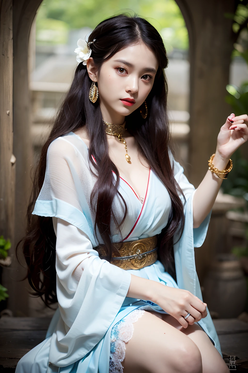 Works of masters,Higher quality,超高分辨率,8K分辨率,depth of fields,in a panoramic view,first person perspective,Slim waist,Long legs,Vivid colors,s the perfect face,Girl,solo person,ssmile,Red lips,Big eyes,long whitr hair,A brown-haired,Wave head,Bracelet,Collar,bangle,Gorgeous Hanfu,frilld,lacing,White gauze shawl,fur shawl,Facing the viewer,eventide,Temple,Natural soft light