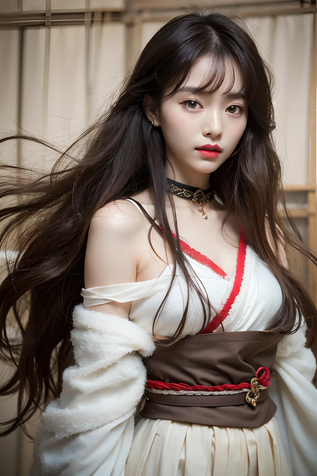 Works of masters,Higher quality,超高分辨率,8K分辨率,depth of fields,in a panoramic view,first person perspective,Slim waist,Long legs,Vivid colors,s the perfect face,Girl,solo person,ssmile,Red lips,Big eyes,long whitr hair,A brown-haired,Wave head,Bracelet,Collar,bangle,Gorgeous Hanfu,frilld,lacing,White gauze shawl,fur shawl,Facing the viewer,eventide,Temple,Natural soft light