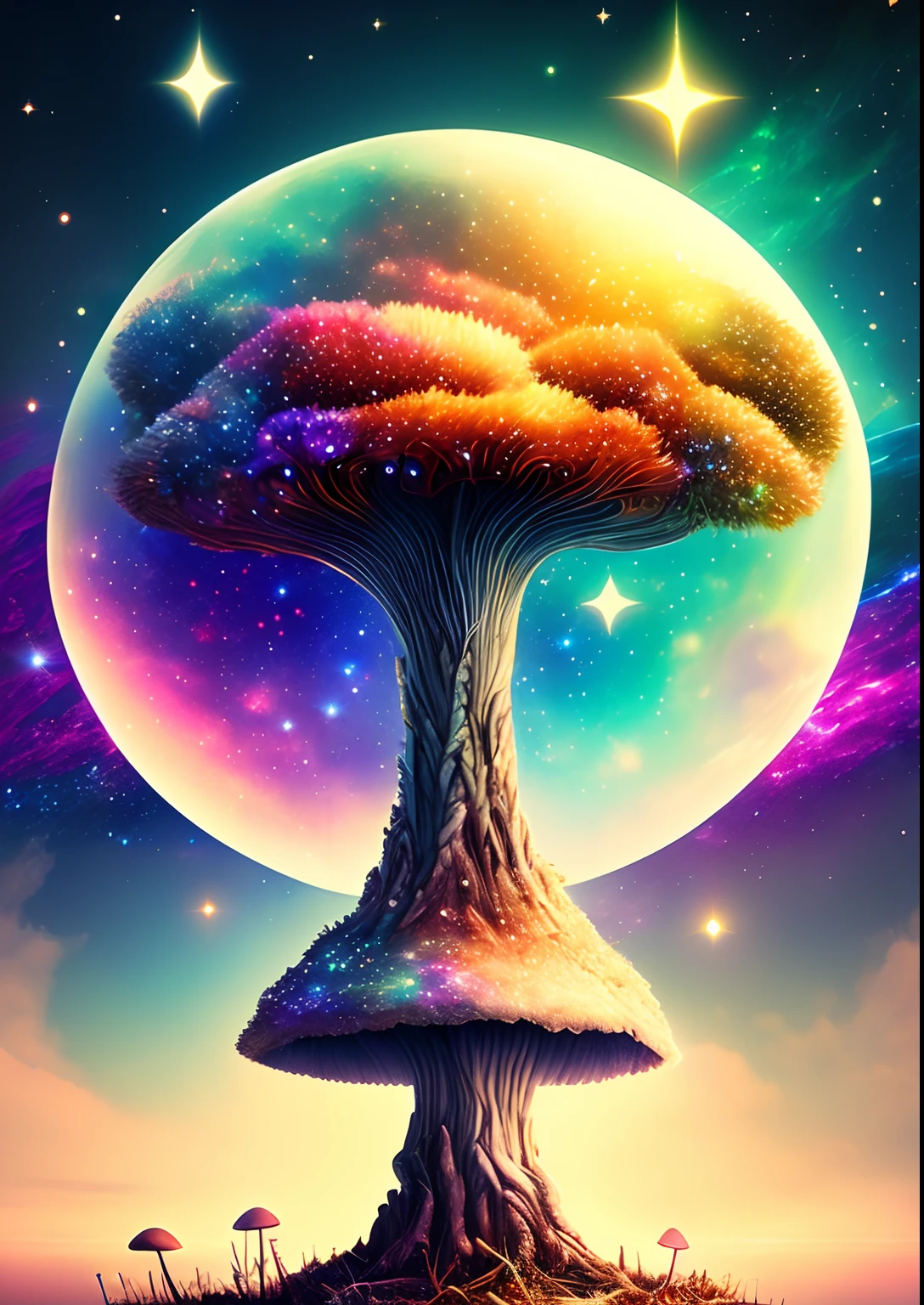 dreamlikeart, galaxy, outer space, nebula, star, [cyberpunked] Mushrooms of the stars. (star:1.5),